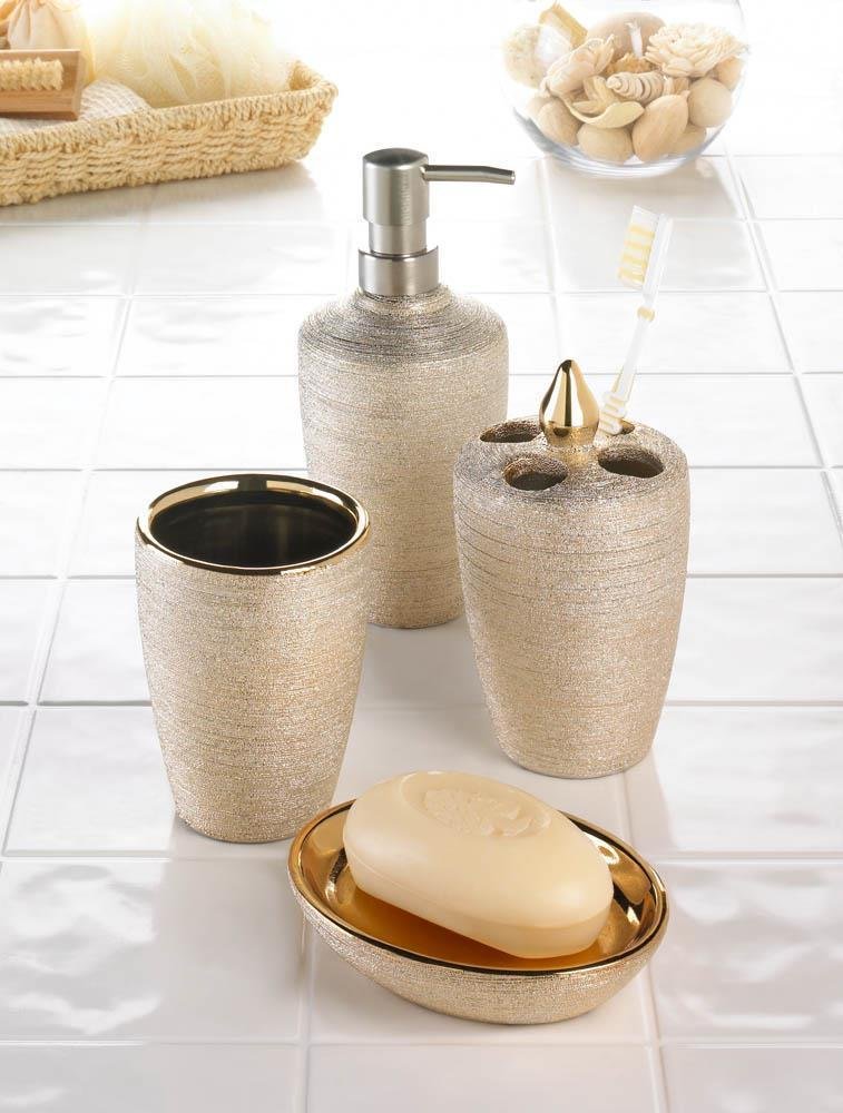 Luxury Gold Shimmer Porcelain Bathroom Accessory Set - 6-Piece Vanity Organizer for Soap, Toothbrush & Cosmetics | Elegant Home Spa & Hotel Style Decor