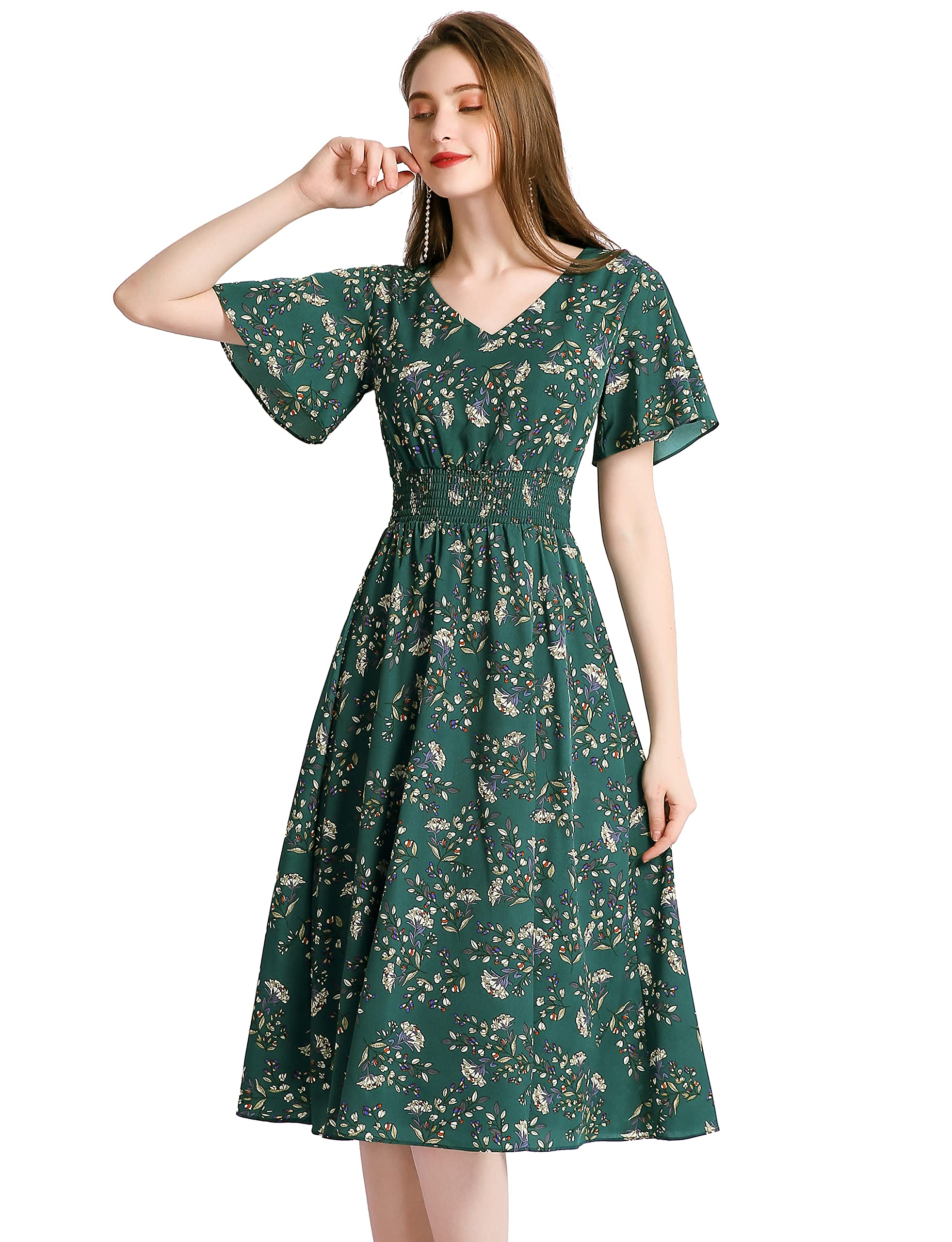 Gardenwed Women's Floral Chiffon Summer Dress - Elastic Waist Beach Sundress for Outdoor Parties, Vacations & Casual Wear