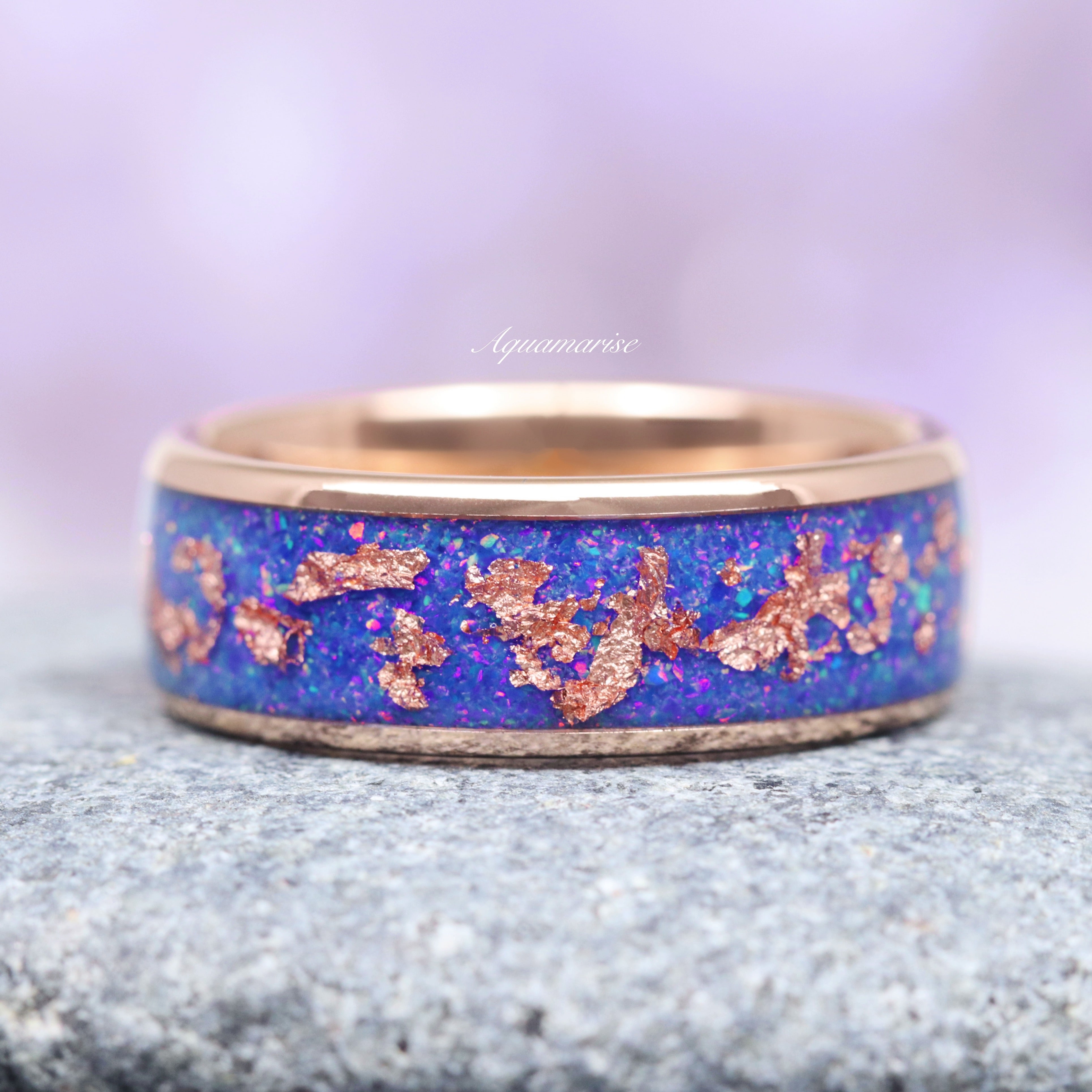 Starry Night Van Gogh Inspired Fire Opal Wedding Band - 8MM Rose Gold Tungsten Ring for Women & Men - Perfect for Engagement, Anniversary & Romantic Gifts