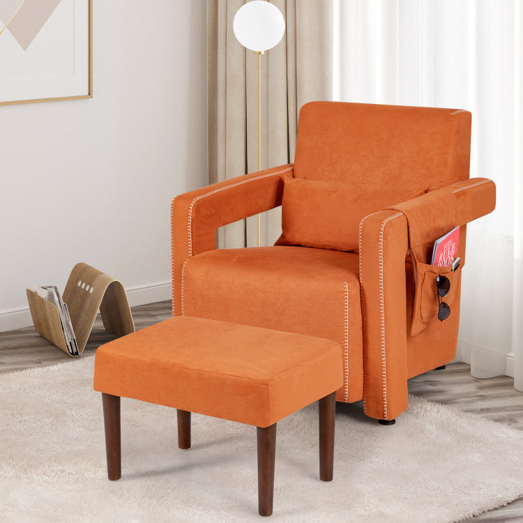Costway Modern Berber Fleece Accent Chair with Ottoman - Solid Wood Frame, Comfortable Lounge Chair for Living Room, Bedroom & Office - Perfect for Reading, Relaxing and Home Decor