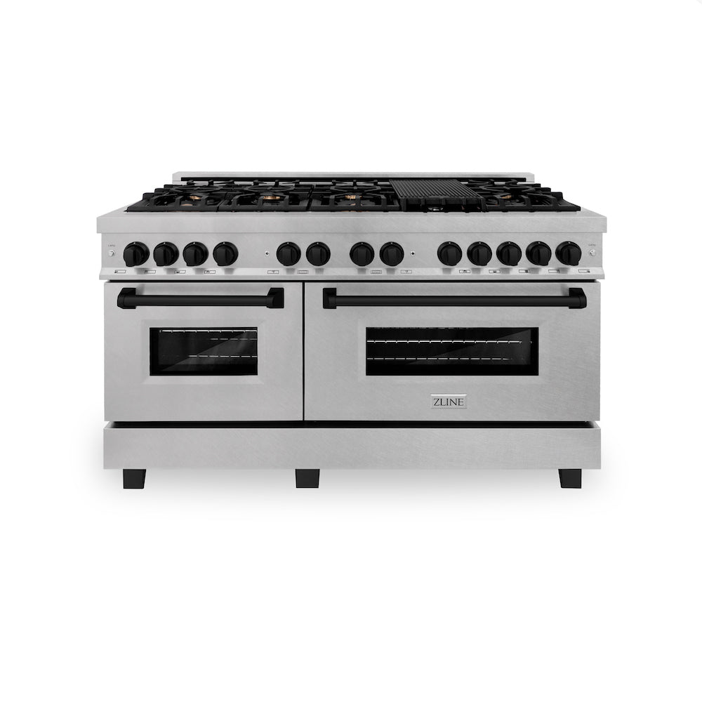 ZLINE Autograph Edition 60-inch 7.4 cu. ft. Dual Fuel Range with 9 Burner Gas Cooktop & 2 Electric Convection Ovens - Satin Stainless Steel & Matte Black (RASZ SN 60 MB) | Professional Kitchen Appliance for Home Chefs & Cooking Enthusiasts