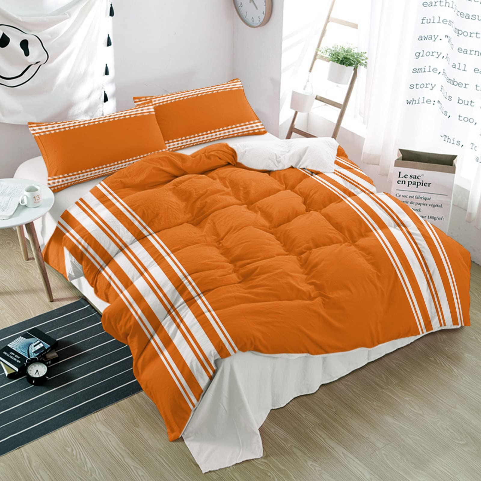 Possta Decor 3-Piece Duvet Cover Set - White Stripe on Orange Fall Thanksgiving Bedding, Soft Microfiber Quilt Cover & Pillowcases, Happy Autumn Bedroom Decor for All Seasons (Twin Size) - Perfect for Thanksgiving, Fall Season, and Cozy Home Decor