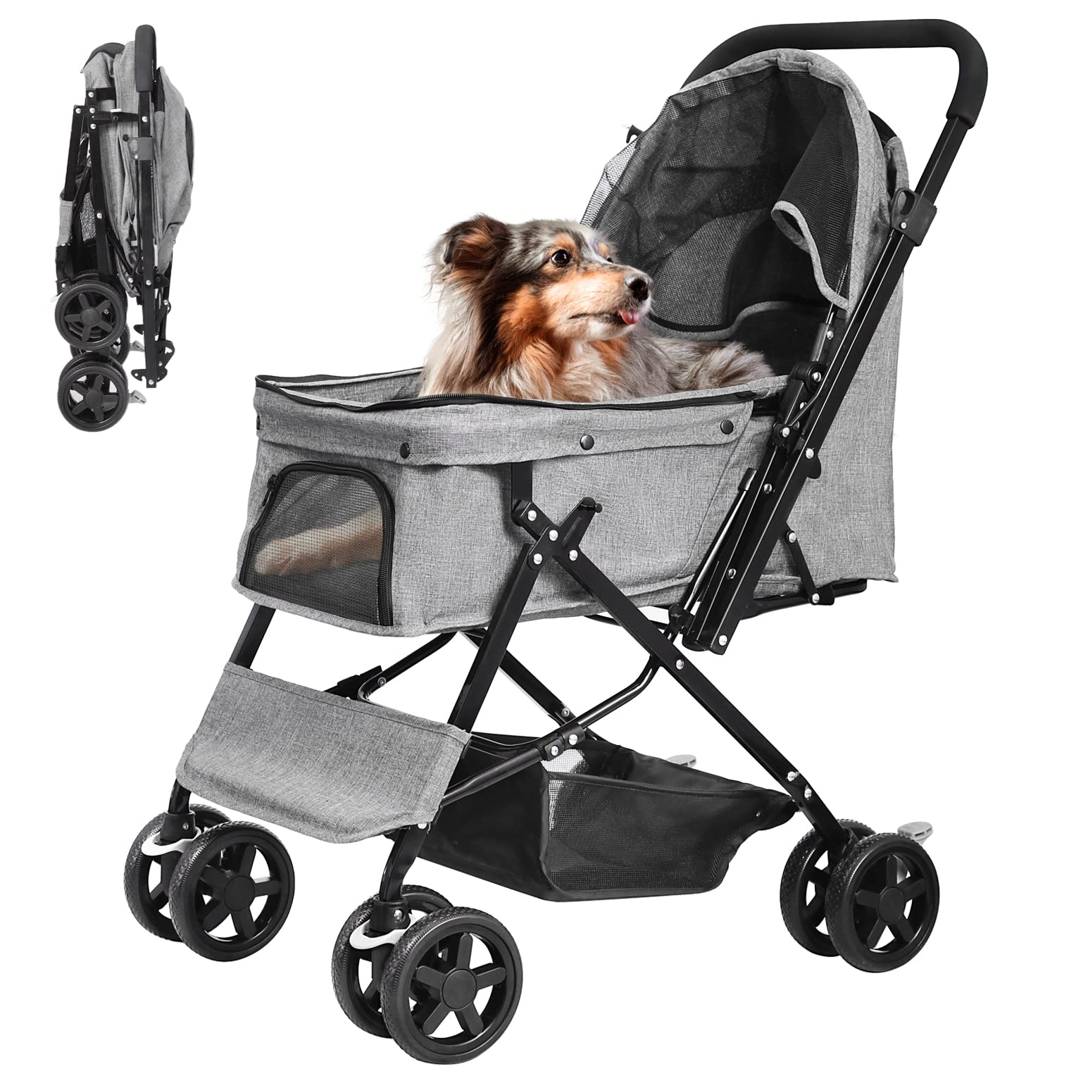 Premium Foldable Dog Stroller for Large & Medium Dogs & Cats - Reversible Handle, Spacious Storage Basket - Ideal for Travel, Walks & Vet Visits (Gray)