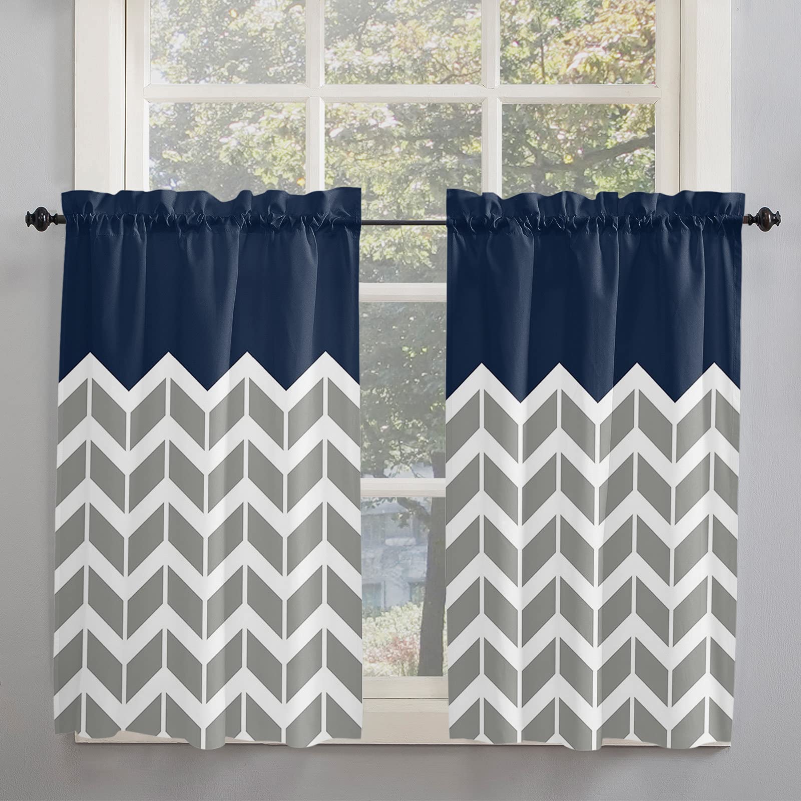 Navy Blue Geometric Chevron Herringbone Kitchen Curtains - 45 Inch Length, 2 Panel Set with Rod Pocket for Windows, Cafe & Tier Style - Perfect for Kitchen, Dining Room & Small Windows