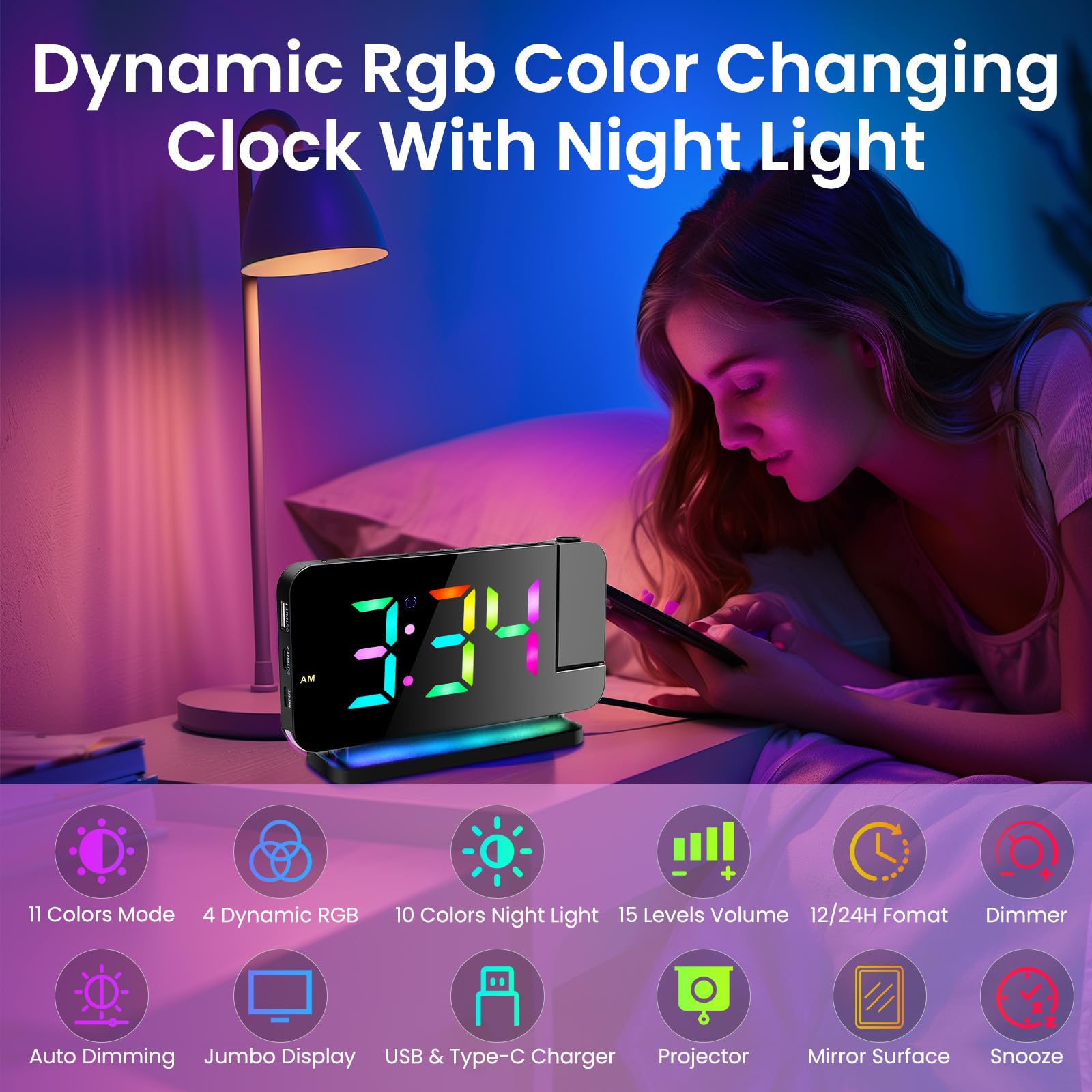 Digital Projection Alarm Clock with 180° Rotatable LED Mirror Display - RGB Night Light, USB Charger, Auto Dimmer, FM Radio & Snooze Function - Perfect for Bedrooms, Home Office & Travel (Black)