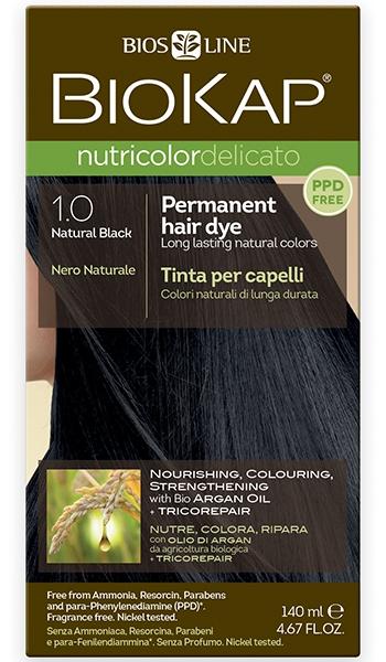Biokap Nutricolor Delicato 1.0 Natural Black Hair Dye - Ammonia Free Permanent Hair Color for Women & Men - Perfect for Covering Gray Hair at Home or Salon Use