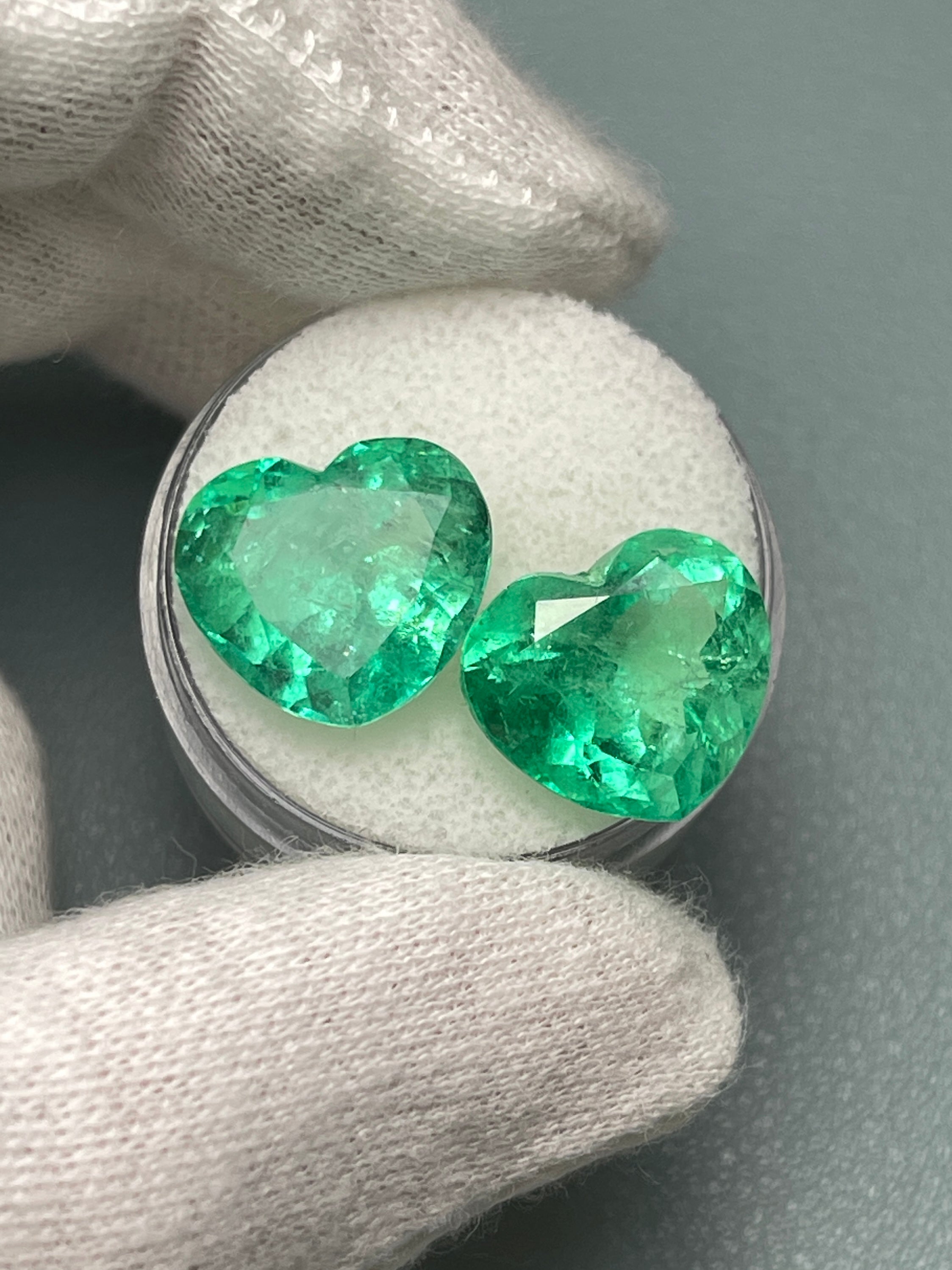 16.68tcw 12.6x14.1mm Rare Matching Bubbly Emerald Hearts - Natural Colombian Yellowish Green Emeralds for Jewelry Making & Engagement Rings