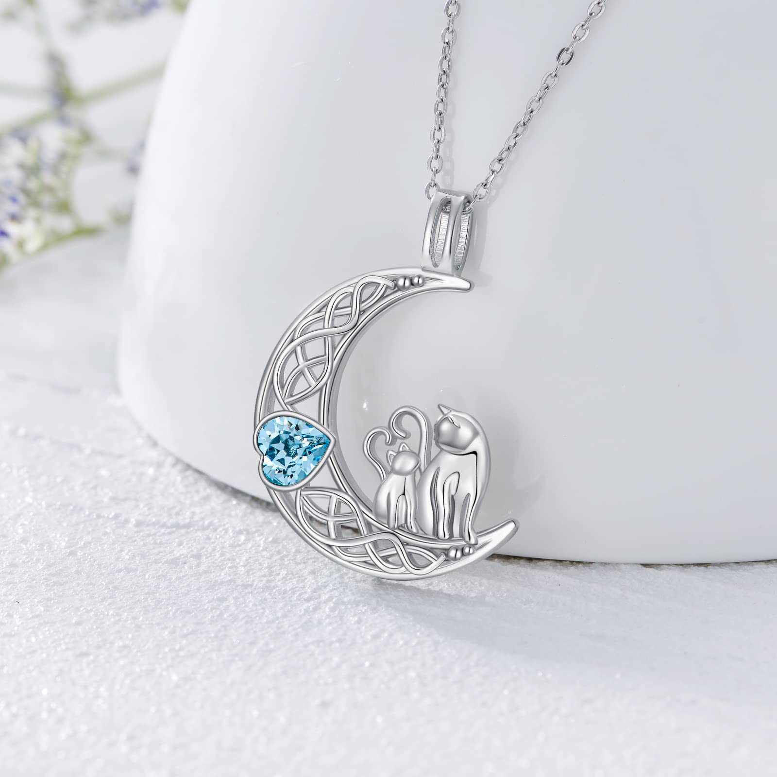 925 Sterling Silver Cat Necklace with Blue Crystal - Moon Cat Pendant Jewelry for Women, Perfect Gift for Cat Lovers, Mothers & Daughters | Elegant Everyday Wear, Birthday Present & Special Occasion Gift