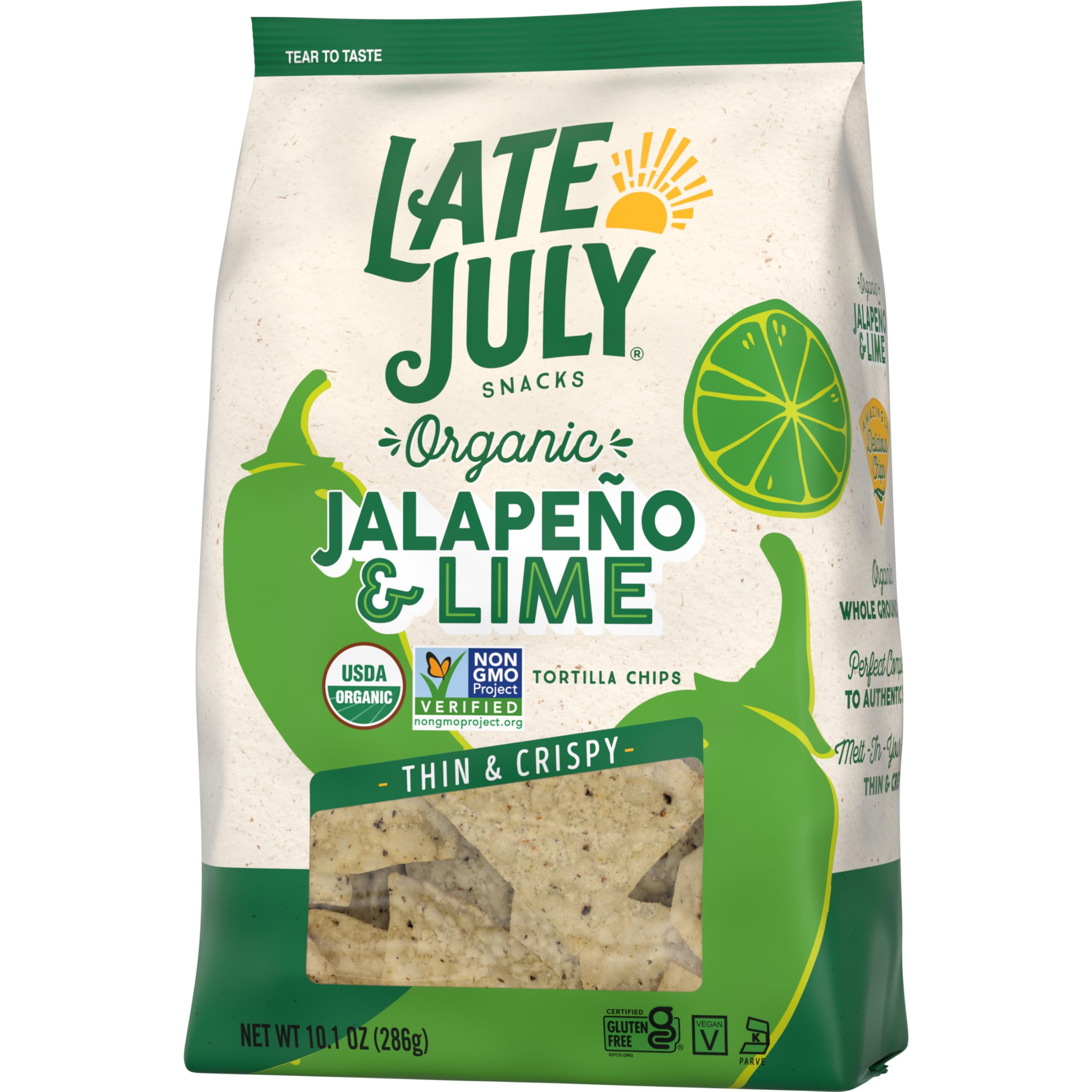 Organic Thin & Crispy Tortilla Chips - Jalapeño & Lime Flavor | Late July Snacks | 10.1 oz Bag | Gluten-Free, Non-GMO | Perfect for Parties, Snacking & Mexican Cuisine