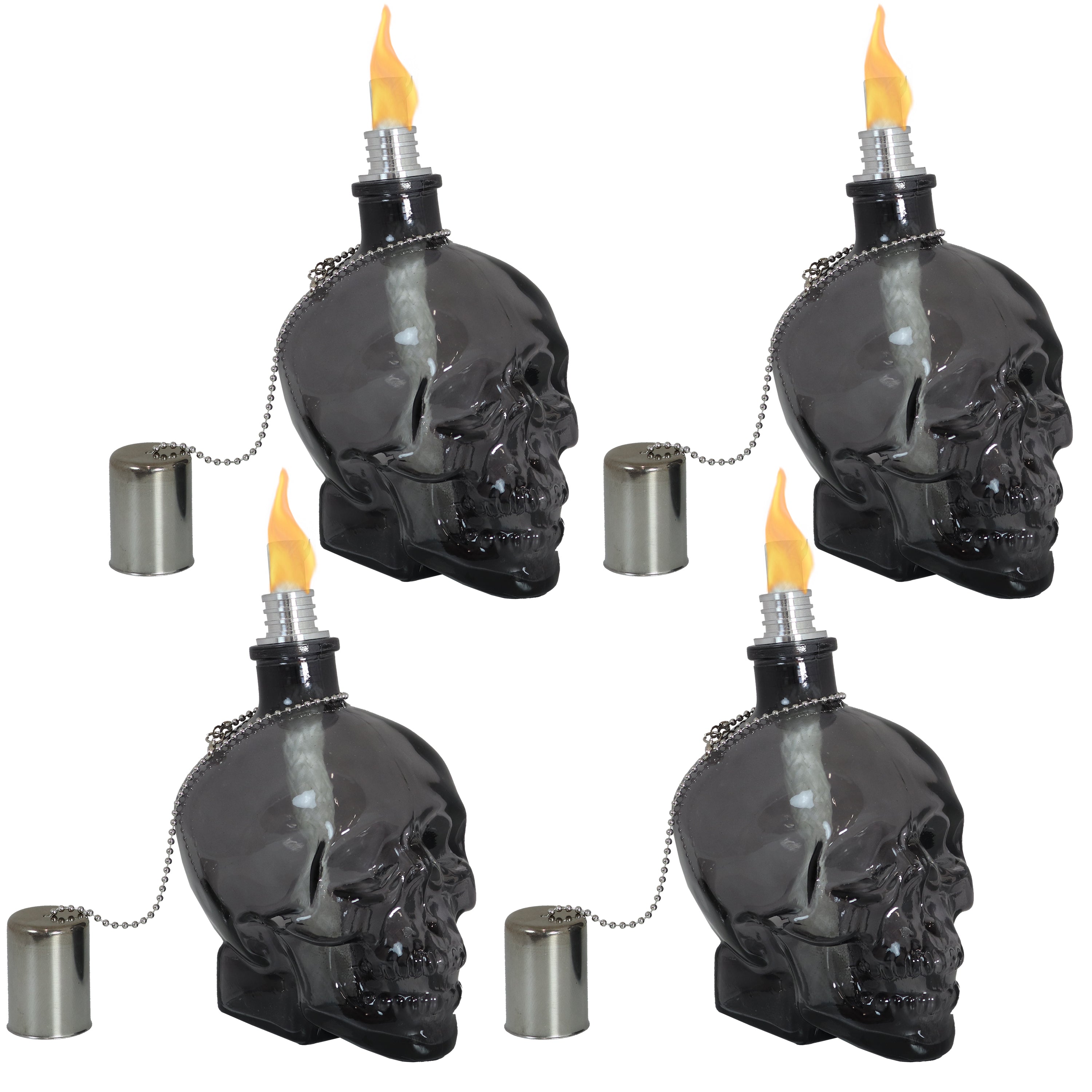 Sunnydaze Grinning Skull Glass Tabletop Torches - Outdoor Halloween Decorations, Patio Fire Pit Accessories, Spooky Party Centerpieces for Backyard, Garden & Poolside Gatherings