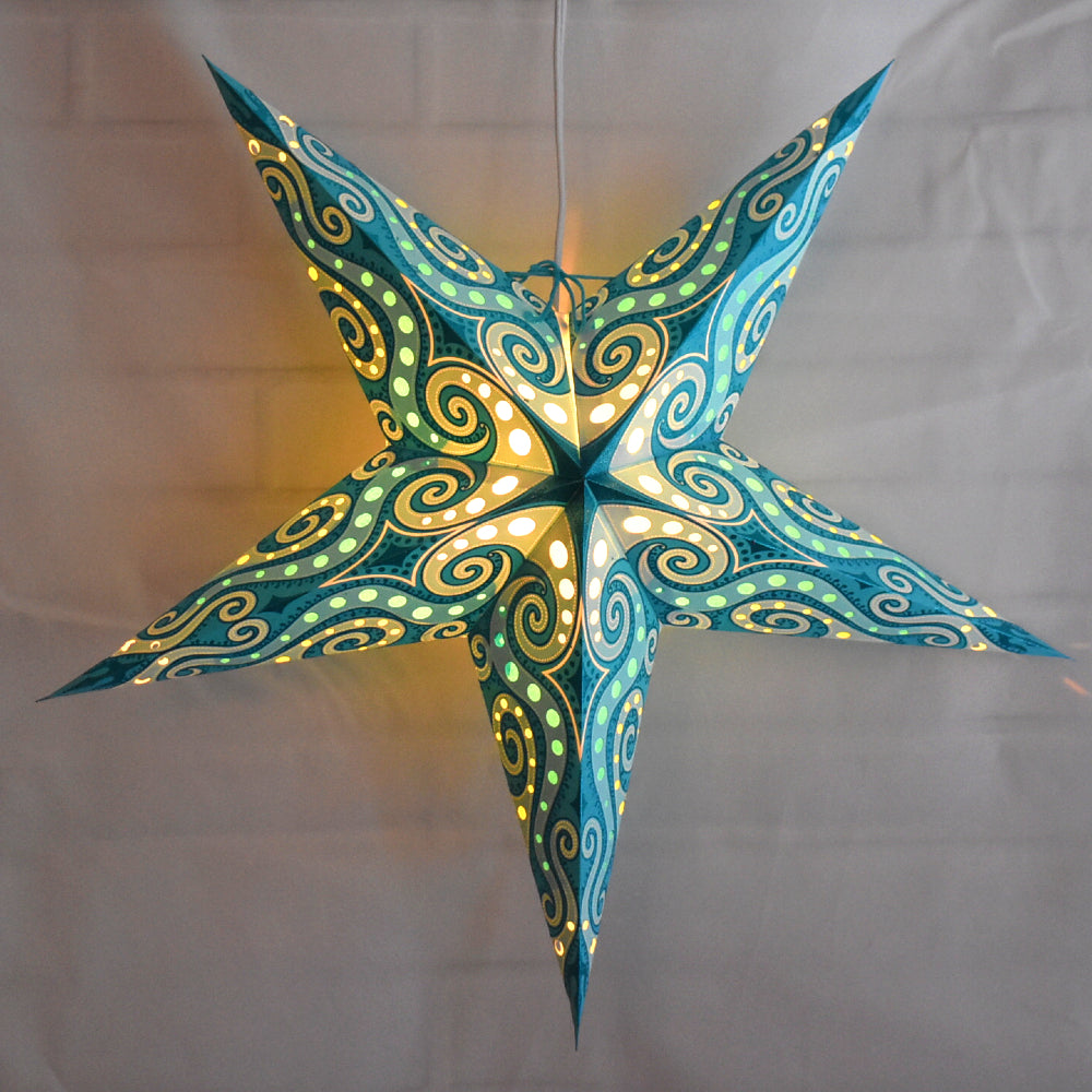 24 Pack Green Sea Foam Mouri Blue Glitter Paper Star Lanterns - Hanging Party Decorations for Wedding, Baby Shower & Home Decoration