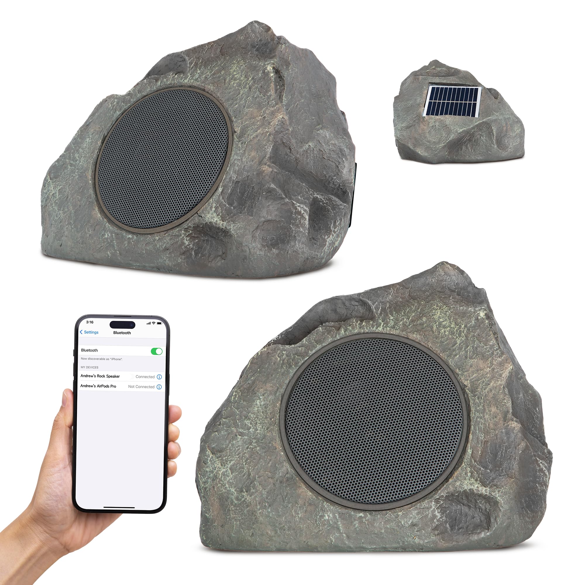 Homewell Solar Rock Speakers - Outdoor Waterproof Bluetooth Wireless Speakers - Weatherproof Landscape Speakers for Pool, Patio, Deck, Backyard, Garden - Year Round Outdoor Use - Perfect for Parties, Camping, and Beach Outings (2-Pack, Grey)