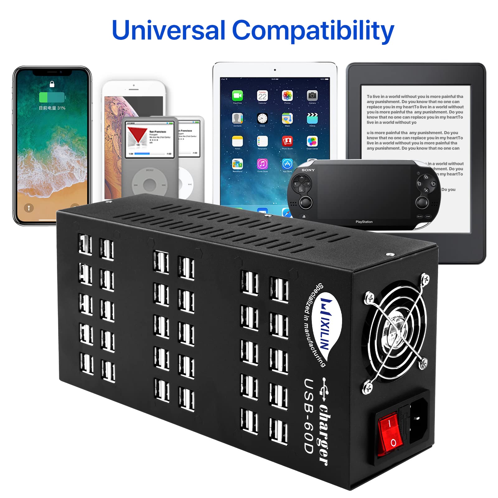 60-Port USB Charging Station 300W/60A with Intelligent Protection - Multi-Port USB Hub for Smartphones, Tablets, iPads - Perfect for Schools, Hotels, Offices & Home Charging Needs
