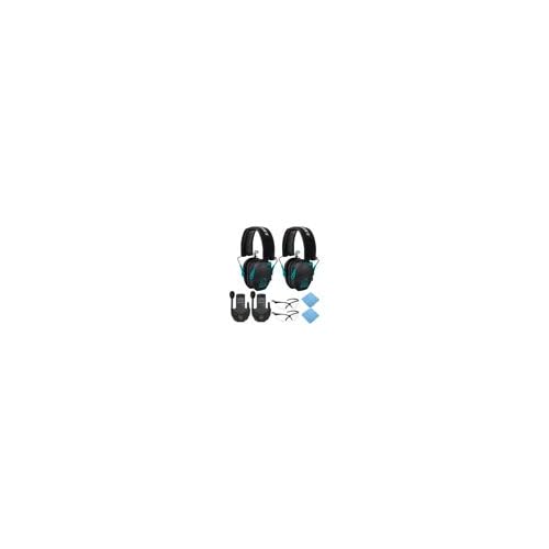 Walkers Razor Slim Electronic Muff Hearing Protection (Black/Teal, 2-Pack) Bundle with Walkie-Talkies, Shooting Glasses & Cleaning Cloth - 8-Piece Shooting Range Accessories Kit for Hunting & Target Practice