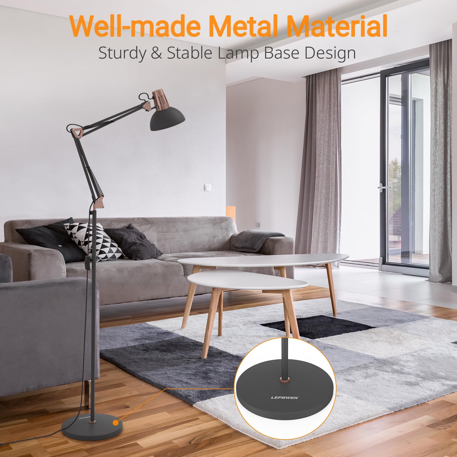 LEPOWER Adjustable Floor Lamp with Heavy Metal Base - Swing Arm Reading Light for Living Room, Bedroom & Office - Eye-Caring LED Pole Lamp with On/Off Switch - Sand Black Finish | Perfect for Night Reading, Study & Relaxation