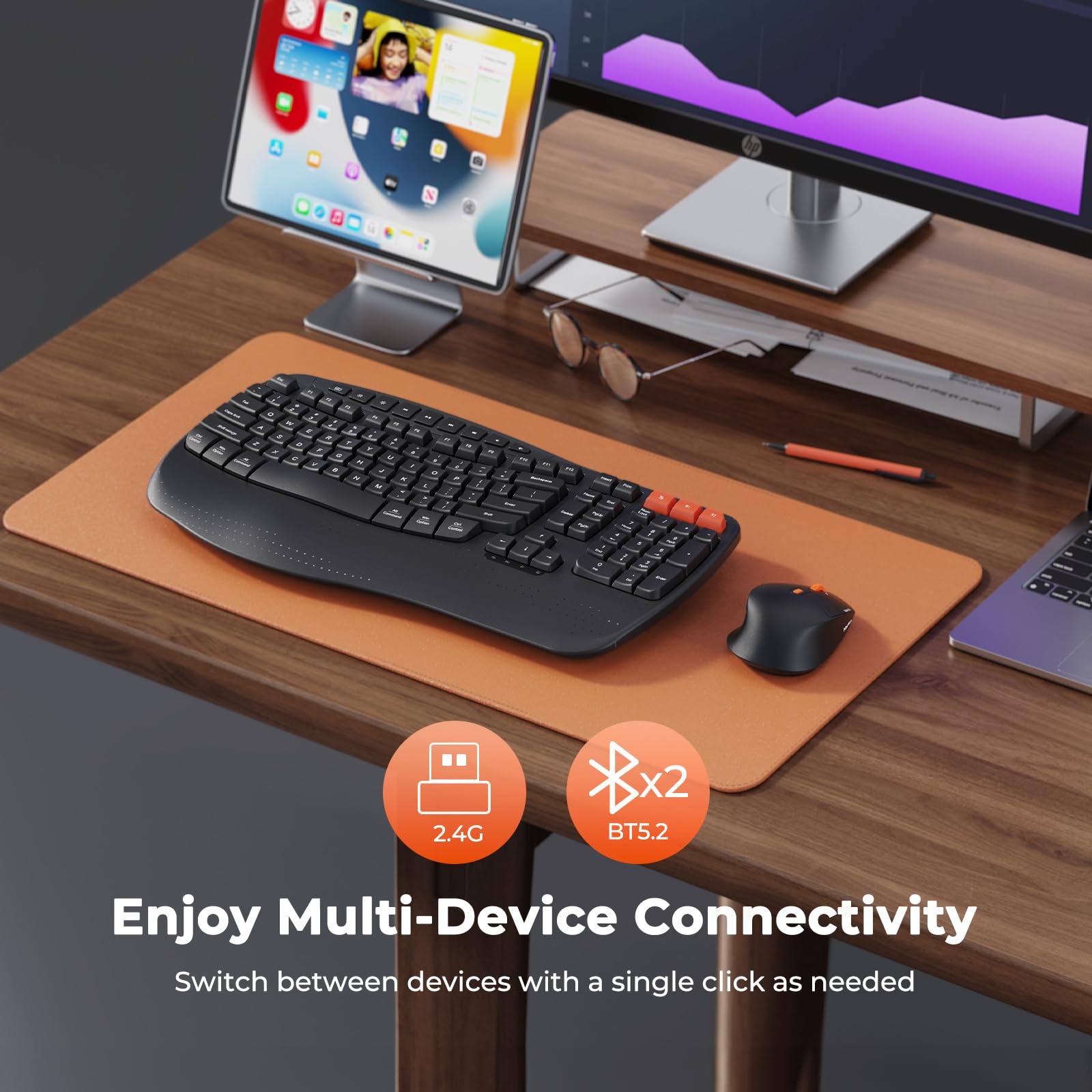 MEETION Wave Ergonomic Wireless Keyboard and Mouse Combo - Bluetooth/USB Connectivity with Wrist Rest, 4 DPI Adjustable Silent Mouse, Rechargeable for Windows/Mac/Android (Black) - Perfect for Office Work, Gaming & Long Typing Sessions