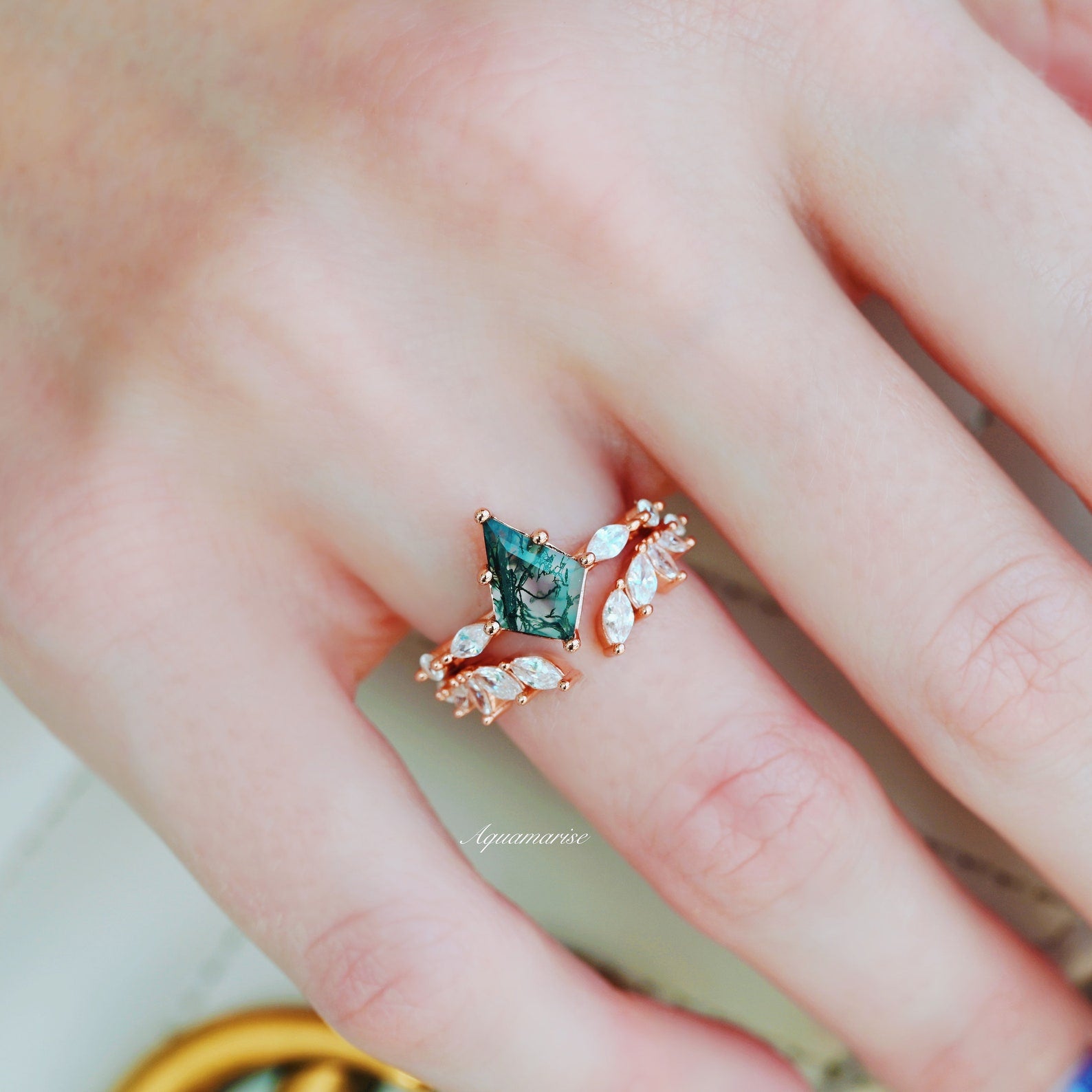 14K Solid Rose Green Moss Agate Bridal Ring Set - Elegant Wedding Band & Engagement Ring for Women, Perfect for Proposals, Anniversaries & Special Occasions