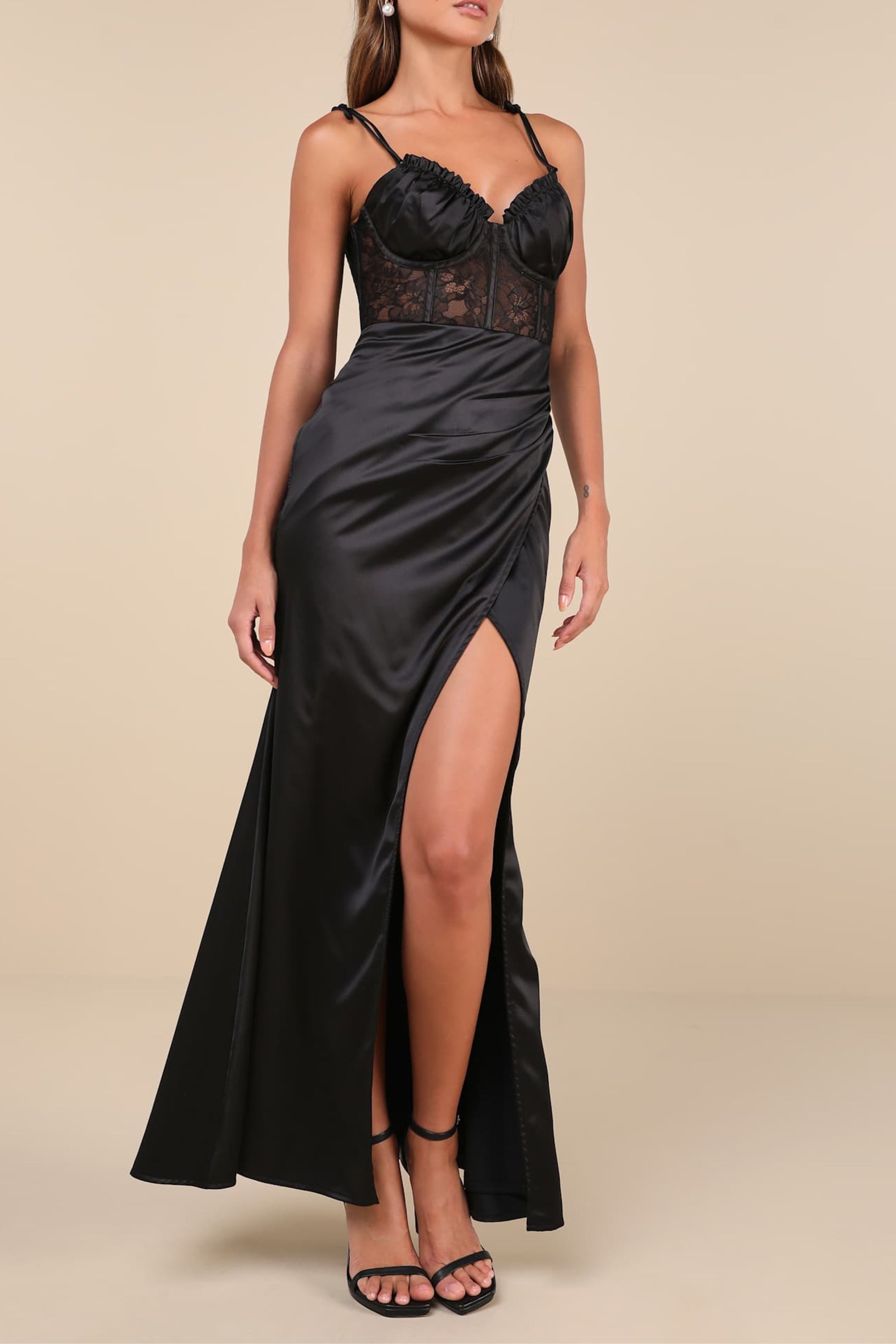 Elegant Black Satin Lace Tie Strap Bustier Maxi Dress for Women - Perfect for Evening Parties, Weddings & Special Occasions