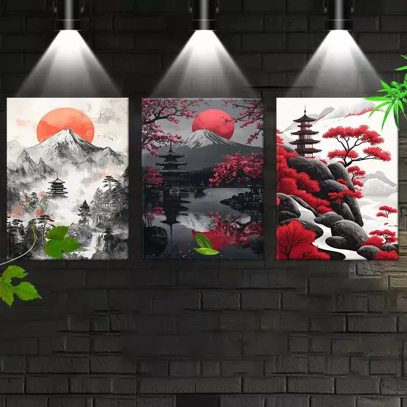 3pcs Japanese Scenery Art Prints with Mount Fuji - Framed Canvas Wall Decor 50x70cm - High Quality Australian Made Ready to Hang - Perfect for Living Room, Bedroom & Office Decor