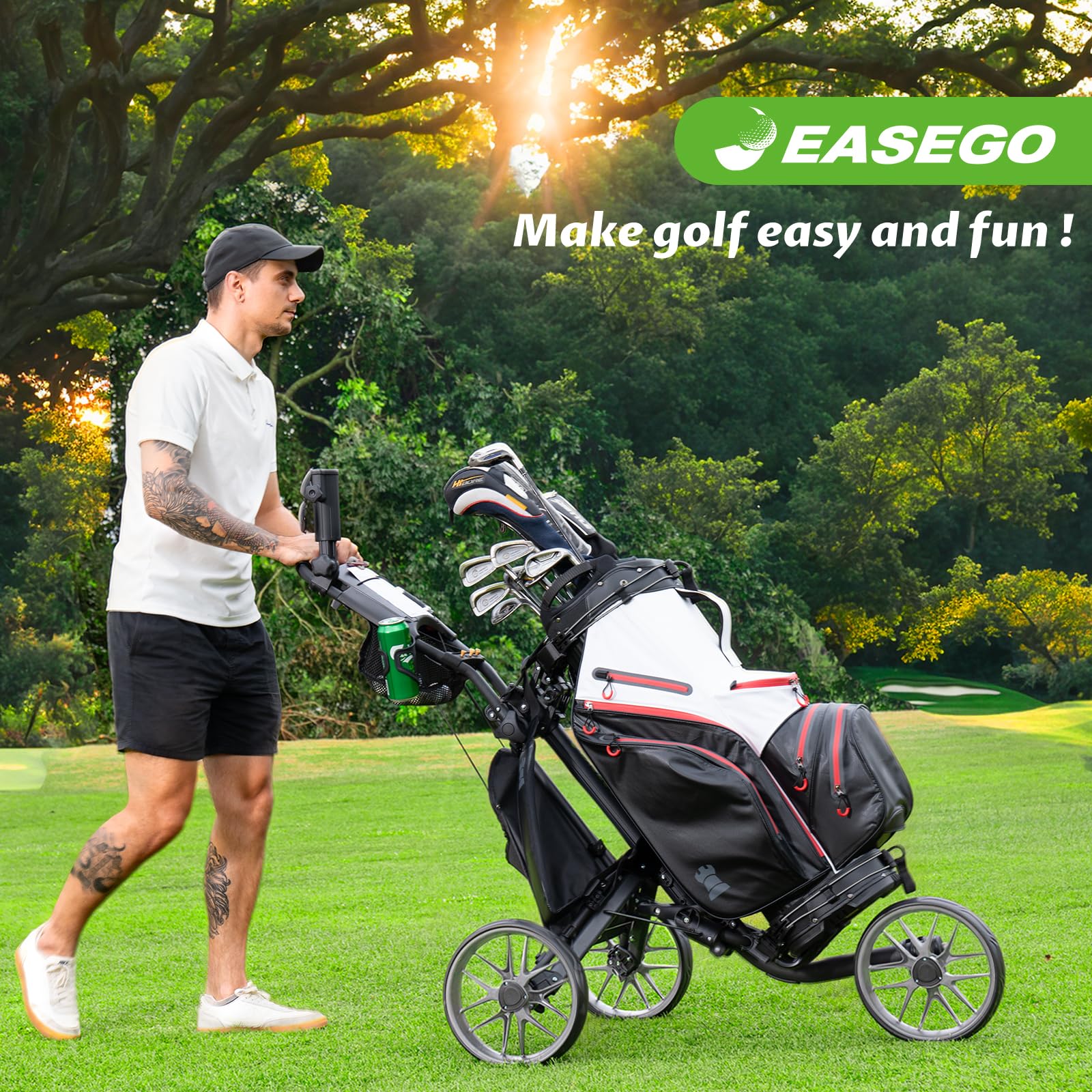 Premium 3-Wheel Golf Push Cart - Foldable Golf Bag Caddy with Phone Holder, Cup Holder & Umbrella Stand | Compact & Lightweight Design for Easy Transport | Ideal for All Terrains - Perfect for Golf Courses, Driving Ranges & Practice Sessions