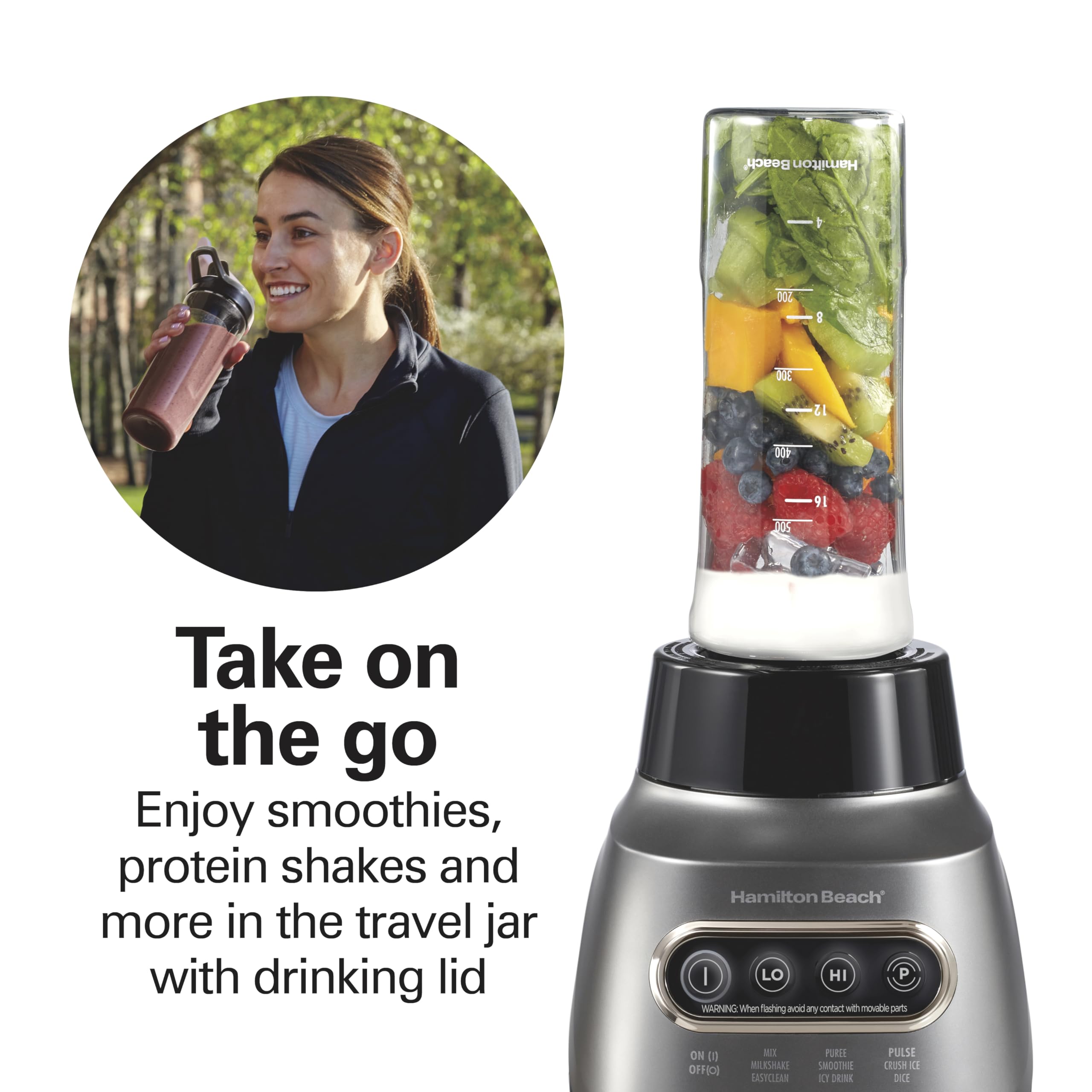 Hamilton Beach Wave Action Blender 800W - Stainless Steel Ice Crushing Blades, 40oz Glass Jar & 20oz Travel Jar - Perfect for Smoothies, Shakes, Protein Drinks - Quiet Design, Gray (58181) - Ideal for Home Kitchen, Gym, Office & Healthy Lifestyle