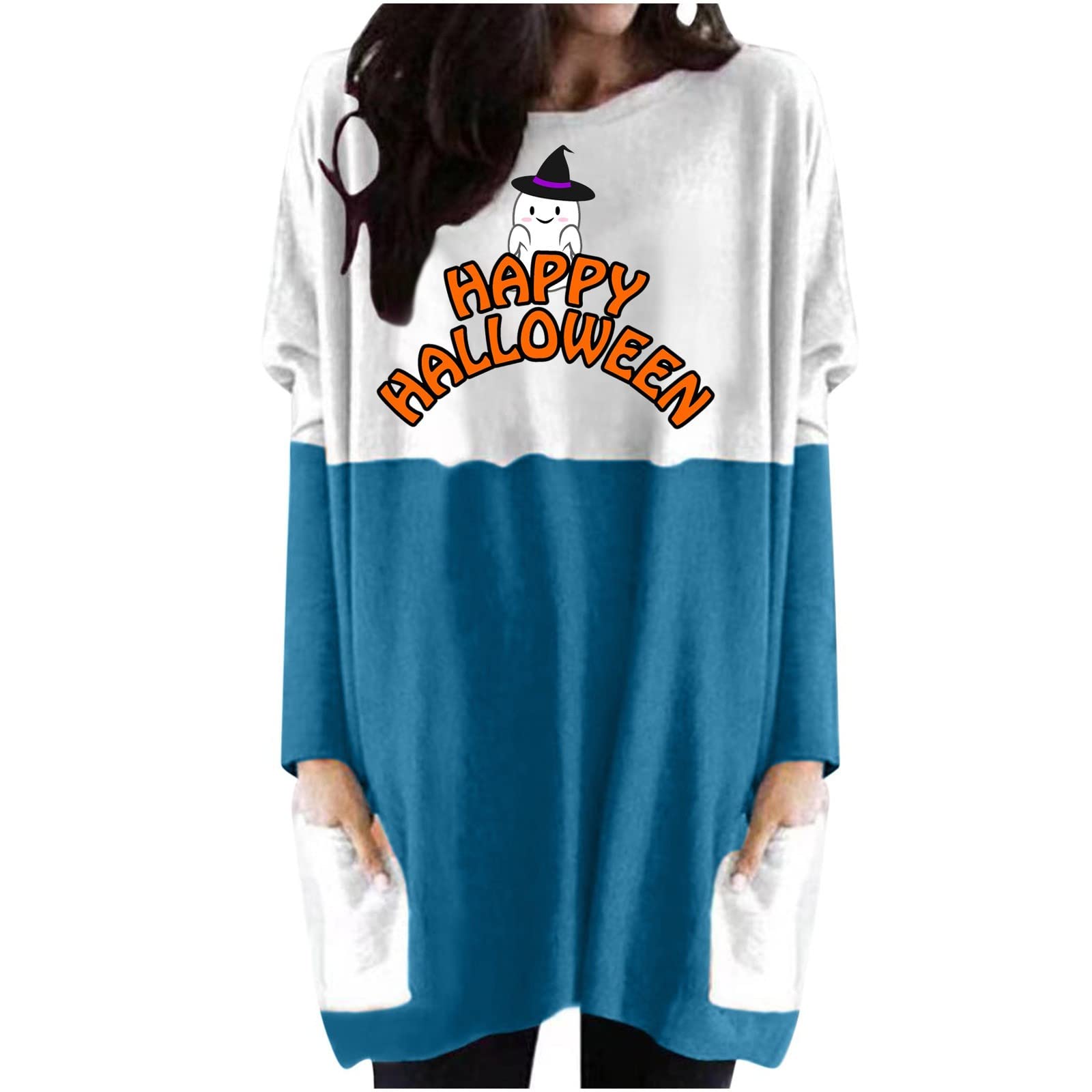 Halloween Pumpkin Print Long Sleeve Sweatshirt Dress for Women - Color Block Plus Size Fall Tunic with Pockets | Costume Party, Trick or Treat, Autumn Outfit