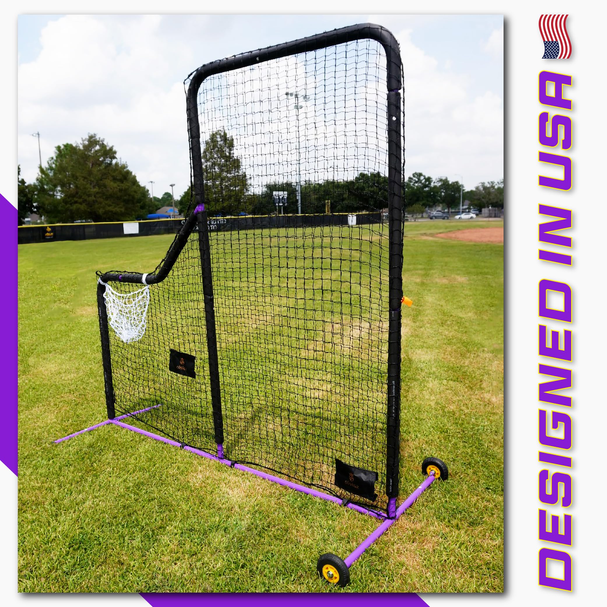Heavy Duty 7x7 ft Portable Baseball Pitching Net with Wheels & Carry Bag - Easy to Assemble L-Screen for Pitching Practice - Perfect for All Skill Levels (Backyard, Training, Games)