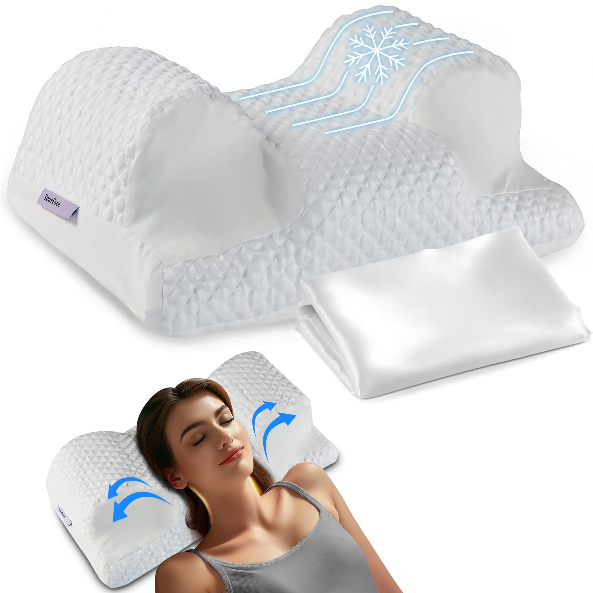 YourFacePillow - Orthopedic Memory Foam Pillow for Back Sleepers | Cervical Neck Support & Ergonomic Design | Cooling Satin Cover | Reduces Wrinkles & Pressure Points | Perfect for Side & Back Sleepers, Travel & Post-Surgery Recovery