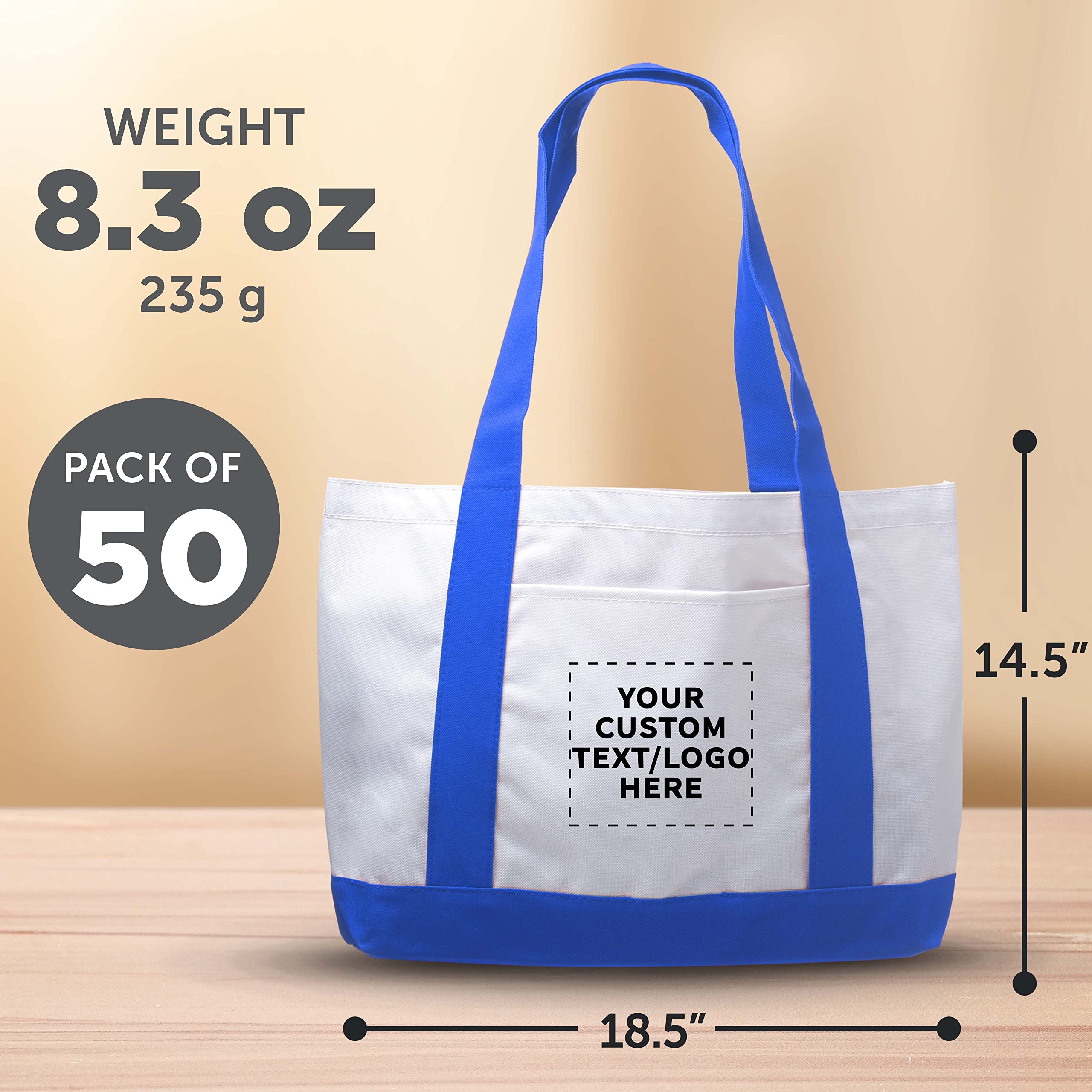 50 Pack Customizable Canvas Tote Bags with Reinforced Straps & Front Pocket - Bulk Polyester Shoulder Bags for Promotions, Events, Retail & Business Branding - Fashionable Blue Design for Shopping, Beach & Everyday Use