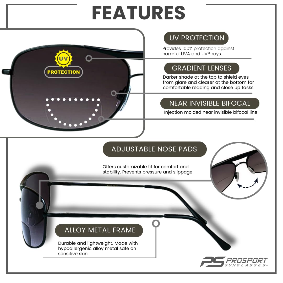 ProSPORT Aviator Bifocal Sunglasses +1.75 Reading Power - Black Gunmetal Frame with Smoke Lens - Bifocal Sunglasses for Men & Women - Perfect for Driving, Fishing & Outdoor Activities