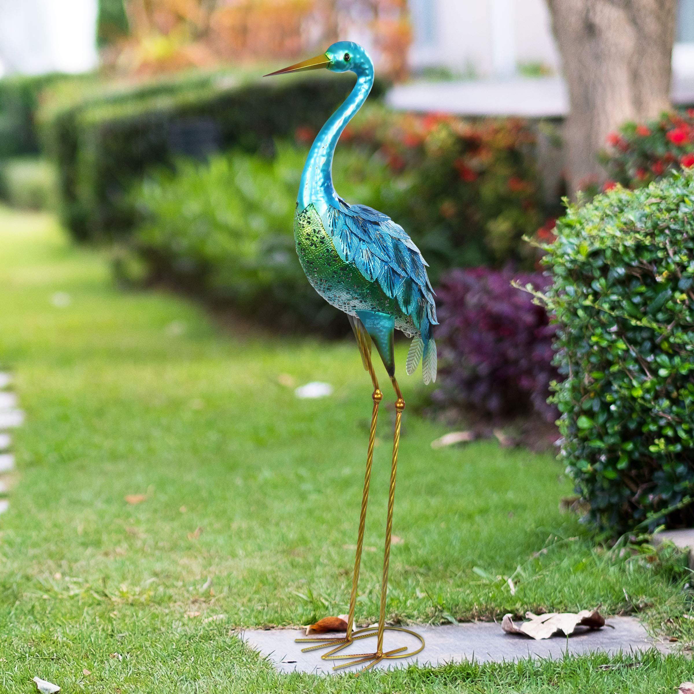 Exhart Coastal Blue Crane Garden Statue - 13 x 7 x 38.5 Inch Stamped Metal Outdoor Decor for Patio, Yard & Beach House Landscaping