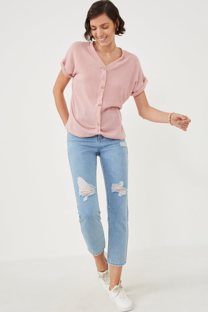 Women's Textured Knit Button Front Twist Detail Blouse - Stylish Casual Tops for Work, Date Night & Everyday Wear