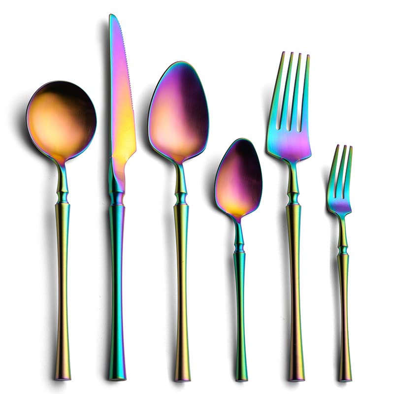 6-Piece Vintage Stainless Steel Flatware Set - Elegant Silverware for Dinner, Dessert & Coffee (Rainbow Color) | Perfect for Formal Dining, Tea Parties & Retro Home Decor