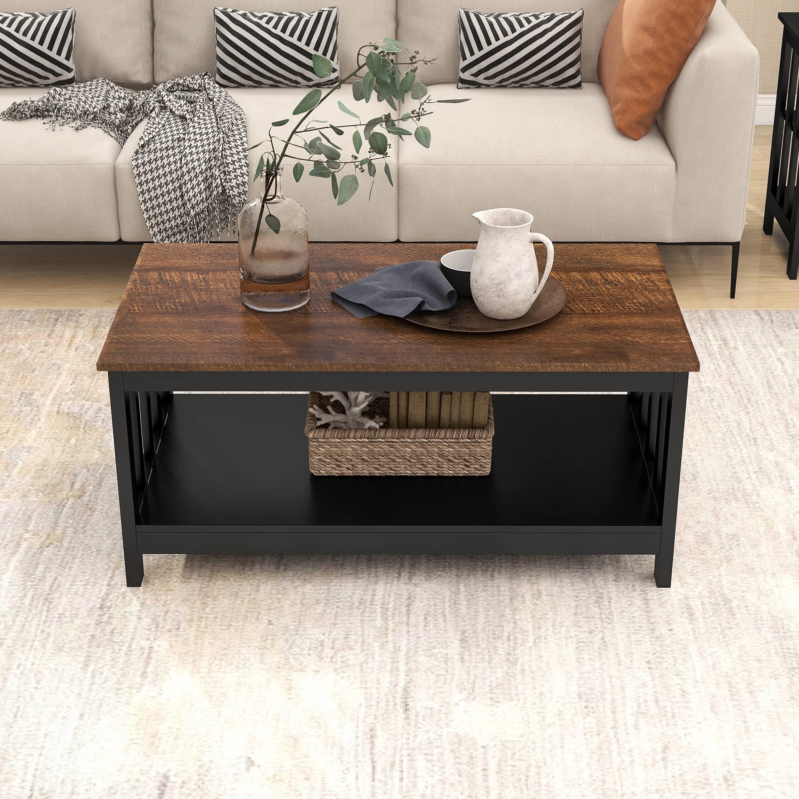 ChooChoo Farmhouse Coffee Table - 40 Inch Rustic Black Wooden Living Room Table with Storage Shelf | Perfect for Small Spaces, Farmhouse Decor & Cozy Living Rooms