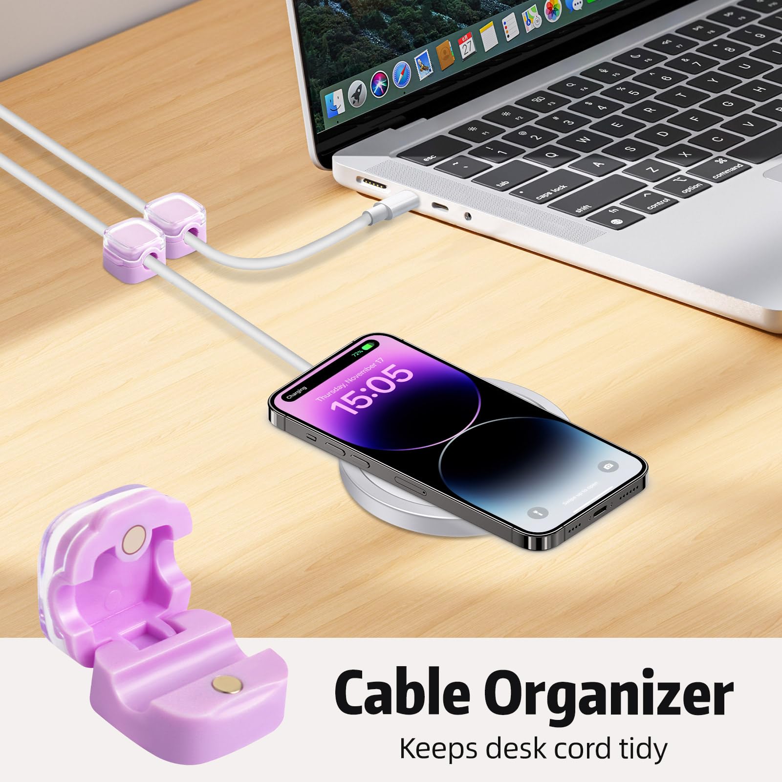 6 Pack Magnetic Cable Clips - Adhesive Cord Organizer for USB/Charging Cables - Home Office Car Wall Desktop Nightstand Kitchen Organization (Purple) - Perfect for Tidy Workspaces & Cable Management