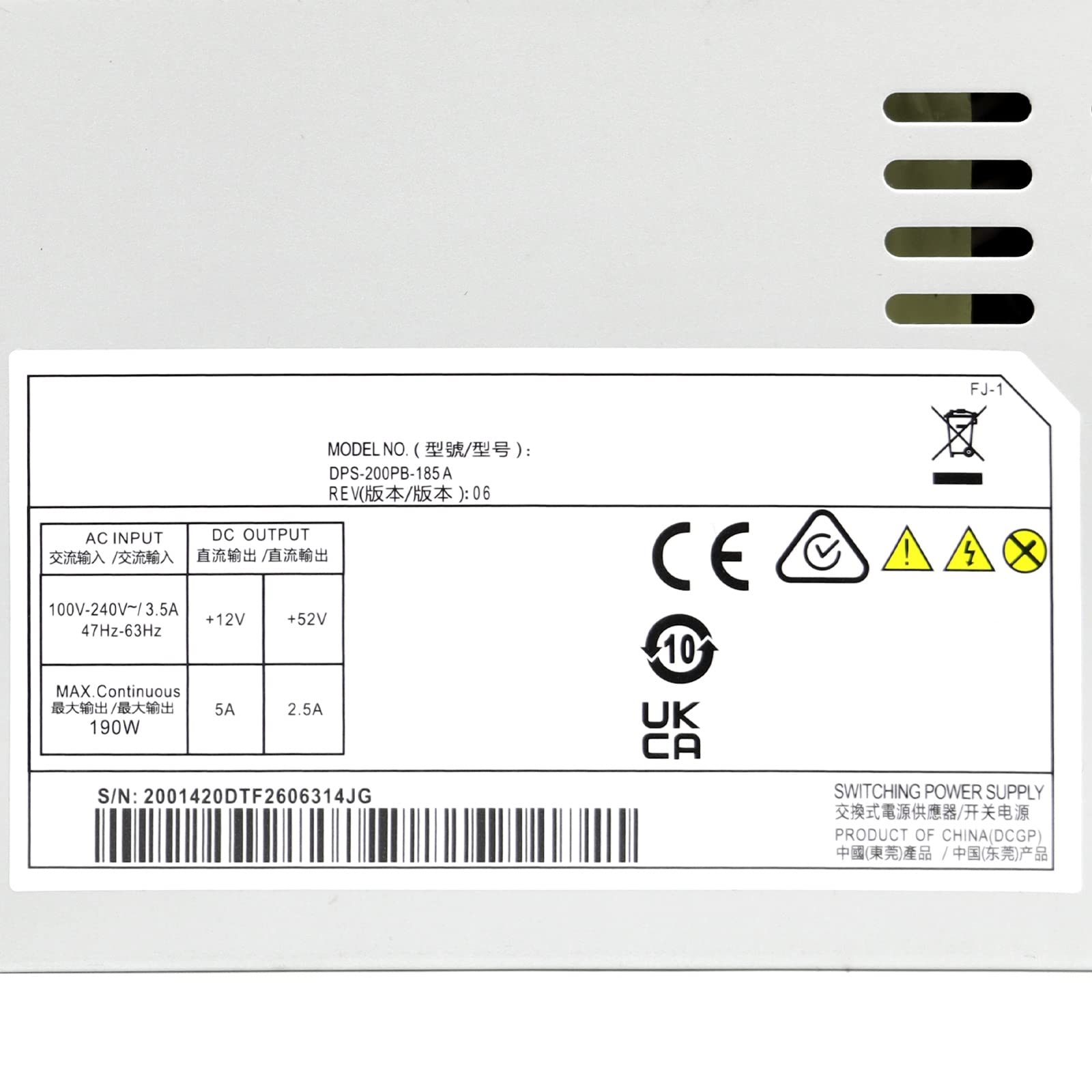 Upgraded 190W Power Supply Replacement for Hikvision 7808N POE NVR - Compatible with Delta 7816N/7916N/7808N DPS-200PB Series (185A/203A/205A) - 6+2pin Connector - Ideal for Security Camera Systems & Video Surveillance Setups