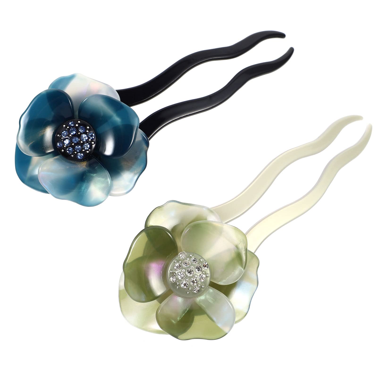 Vintage U-Shaped Hairpins for Women - 2pcs French Acetate Hair Sticks with Floral Design, Secure 2-Prong Updo & Chignon Pins - Perfect for Weddings, Prom, Parties and Everyday Elegant Hairstyles (Assorted Colors)