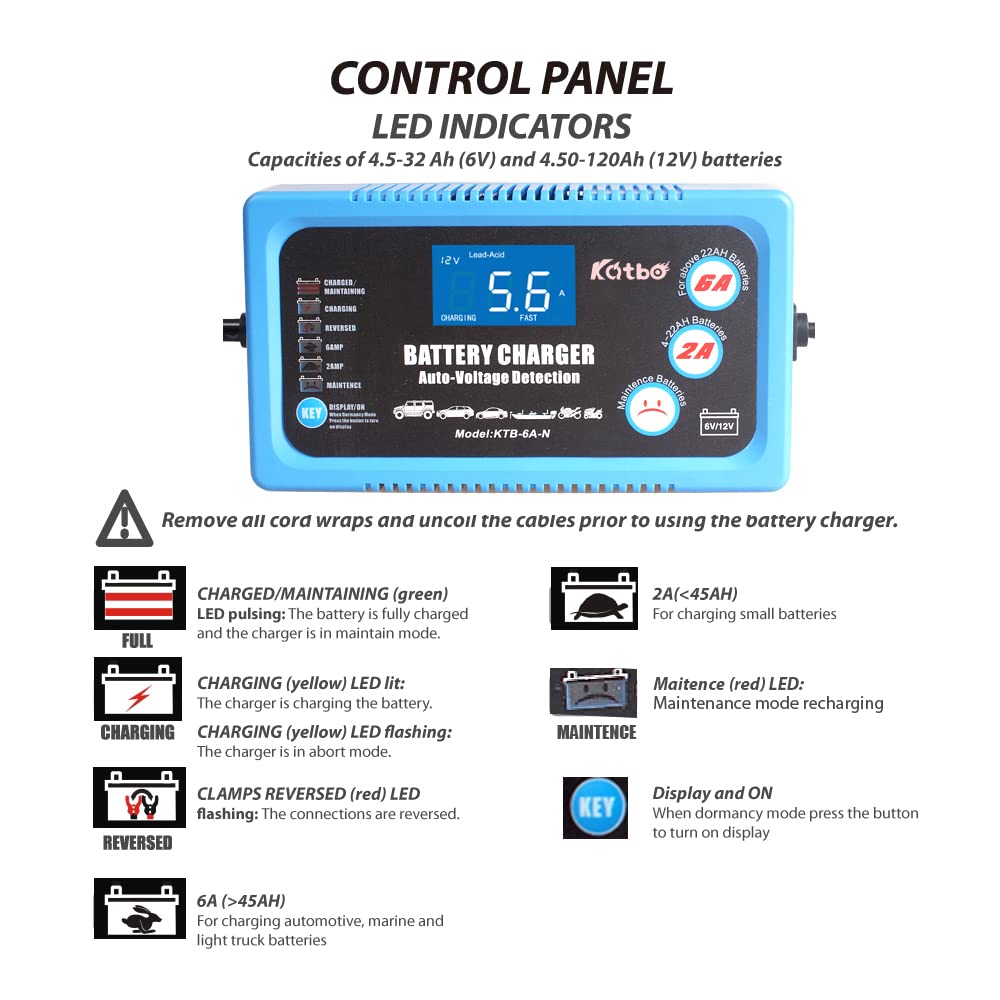Katbo 12V 6V 6A Smart Battery Charger for Car, AGM, Gel & SLA - LCD Display for Easy Monitoring