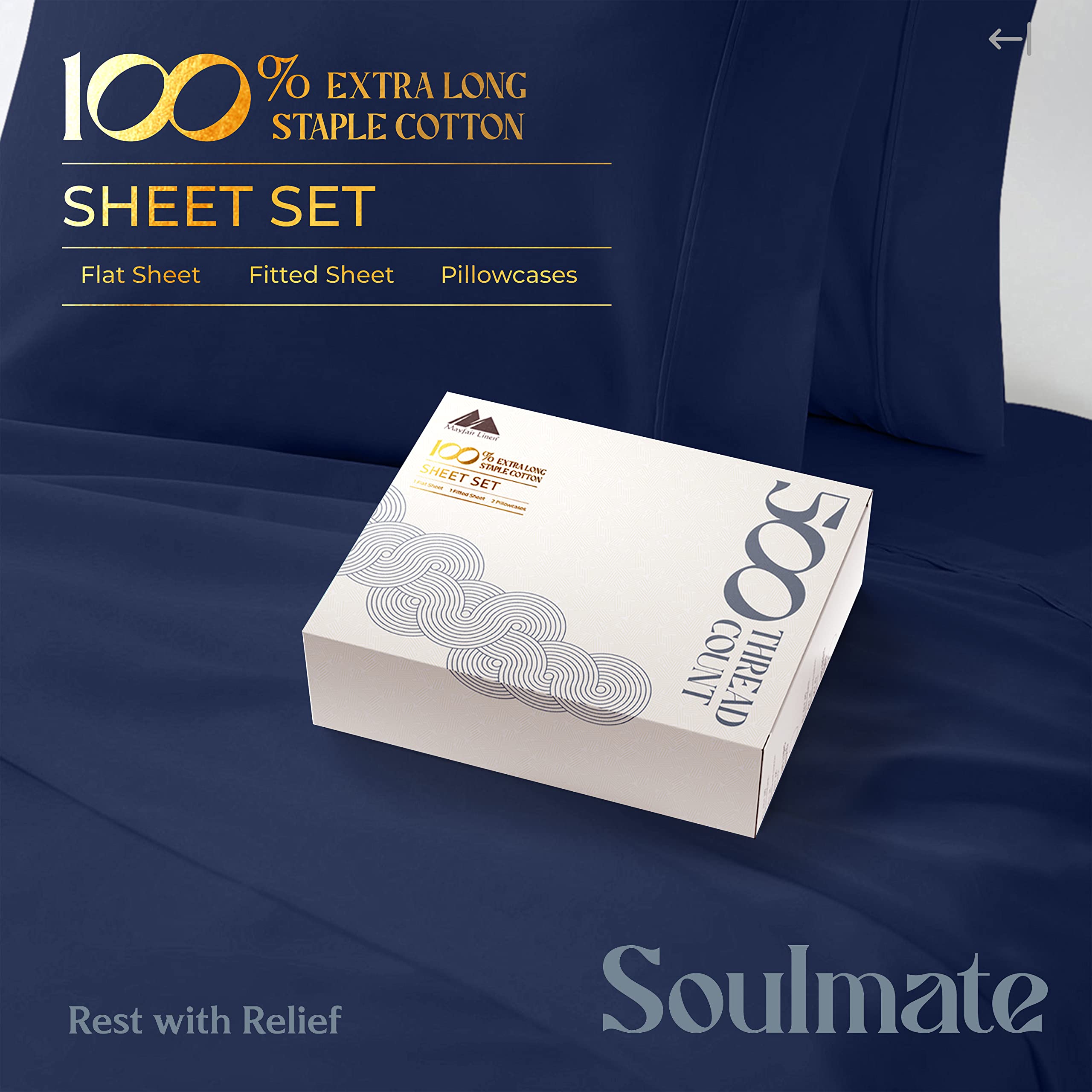 Mayfair Linen 500 Thread Count Twin XL Cotton Sheets - 3 Piece Bed Sheet Set, Ultra Soft & Cooling Sateen Weave, Navy Blue, Hotel Quality with 16