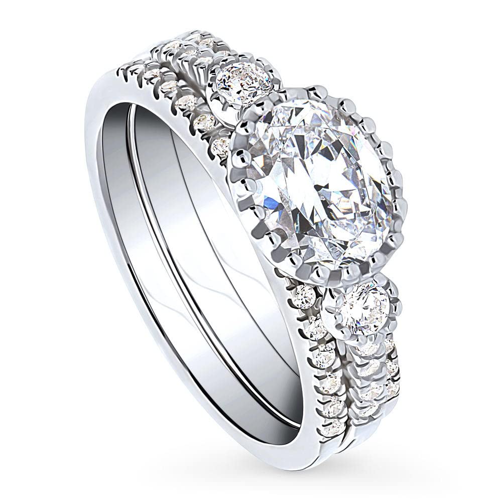 BERRICLE Sterling Silver 3-Stone Oval Cut Cubic Zirconia Engagement Ring Set for Women - 1.2 Carat CZ Wedding Band, Rhodium Plated Size 4-10 - Perfect for Proposals, Anniversaries & Bridal Jewelry Gifts