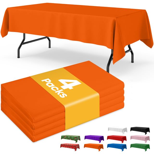 Orange Plastic Tablecloth 4 Pack - 54'' x 108'' Disposable Rectangle Table Cover for 6ft Tables | Perfect for Holiday Parties, Family Gatherings & Outdoor Events