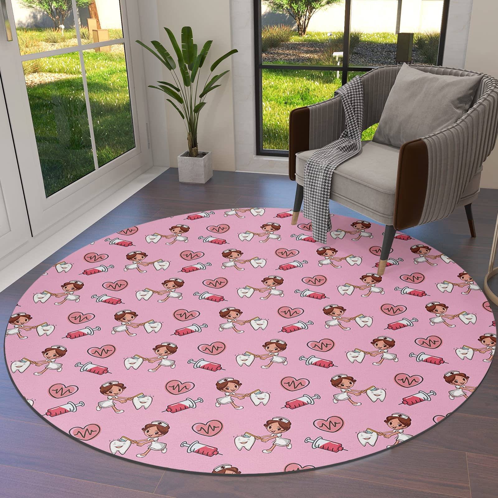 Soft Pink 3ft Round Area Rug for Kids Room - Machine Washable Non-Shedding Carpet for Living Room & Bedroom | Heart-Shaped Nurse Toothbrush Injection Design Floor Mat - Perfect for Nursery, Playroom & Dorm Decor