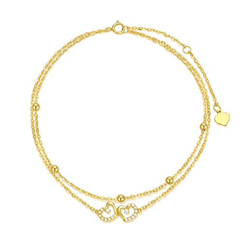 14K Gold Heart Anklet for Women - Dainty Layered Ankle Bracelet with Cubic Zirconia, Adjustable 8-10 Inch Foot Jewelry Gift for Her - Perfect for Beach, Wedding & Everyday Wear