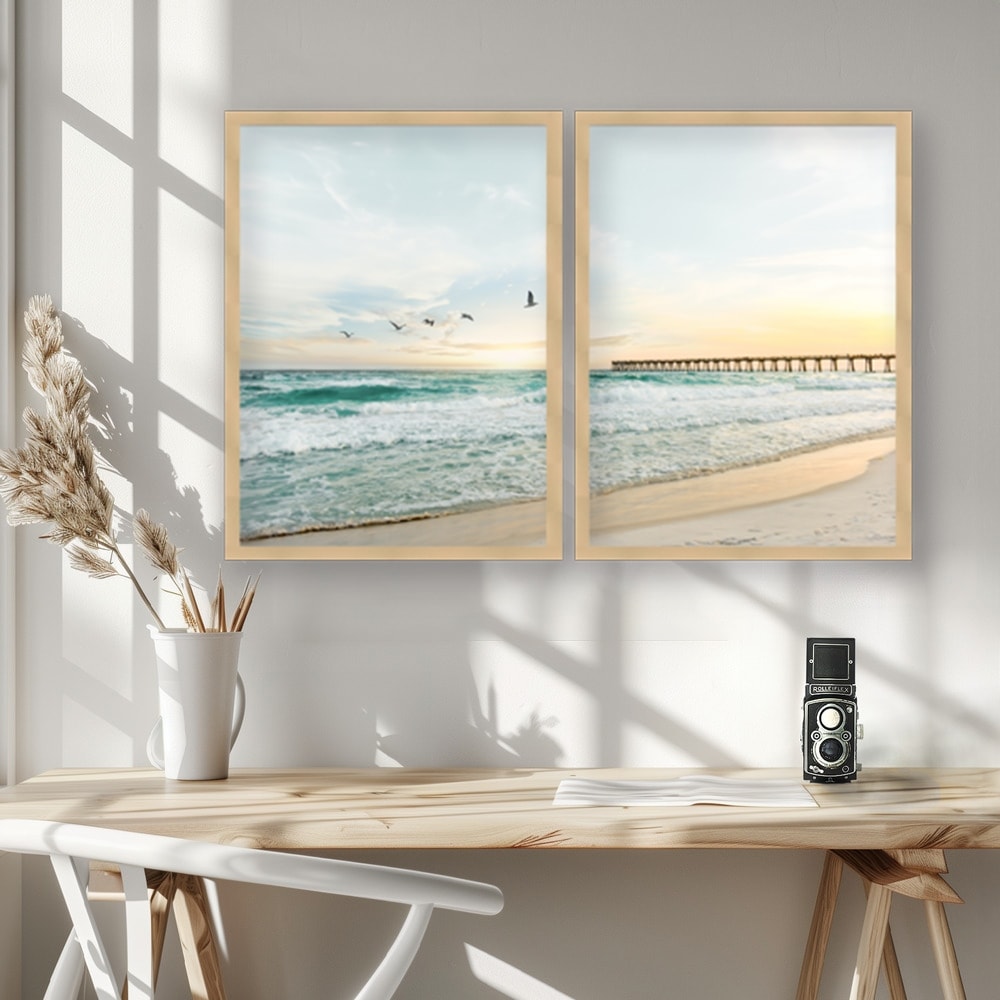 Set of 2 Framed Textured Bird Wall Art Prints - Coastal Jetty Theme - Perfect for Living Room, Bedroom & Beach House Decor