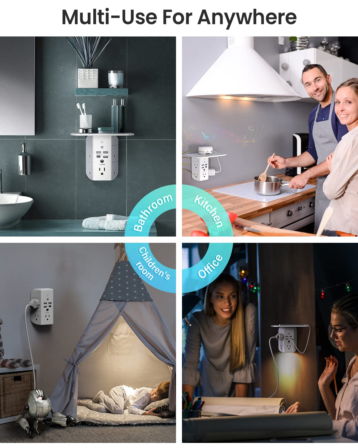 Wall Outlet Extender with Shelf & Night Light - 5 AC Outlets, 3 USB Ports & 1 USB-C Port - Surge Protector Power Strip for Home, Office & Bedroom - Multi Plug Outlet with Wide Spacing for Charging Phones, Laptops & Devices