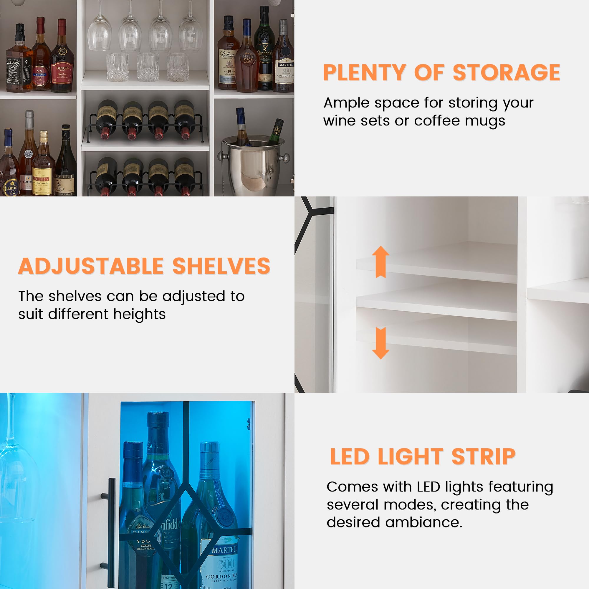 IDEALHOUSE Antique White Wine Bar Cabinet with LED Lights - Home Coffee Station with Wine Glass Rack, Kitchen Buffet Sideboard Storage Cabinet - Perfect for Bar, Dining Room & Kitchen Decor | Modern Home Entertaining & Storage Solution