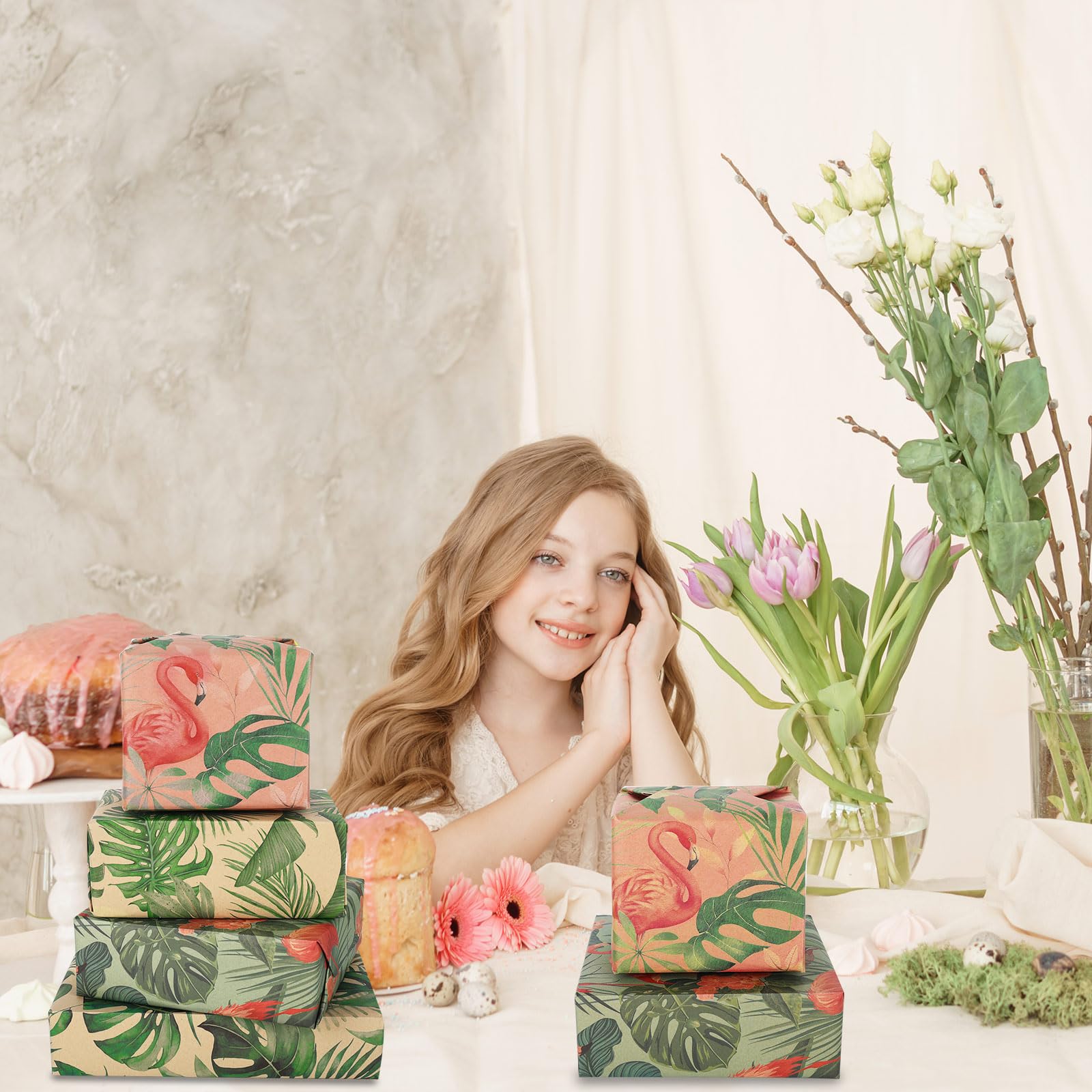AnyDesign 12-Sheet Tropical Plants & Flamingo Leaves Kraft Wrapping Paper Set - 4 Unique Designs, 19.7 x 27.6 Inch Bulk DIY Gift Wrap for Birthday Parties, Wedding Favors & Craft Projects - Eco-Friendly Folded Flat Art Paper