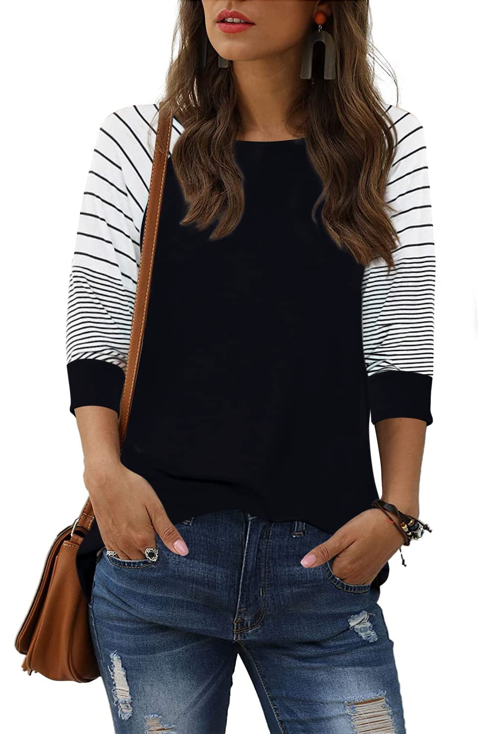 ReachMe Women's Casual 3/4 Sleeve Striped Raglan Tee - Loose Fit Crewneck Blouse for Everyday Wear | Perfect for Work, Weekend & Travel Outfits