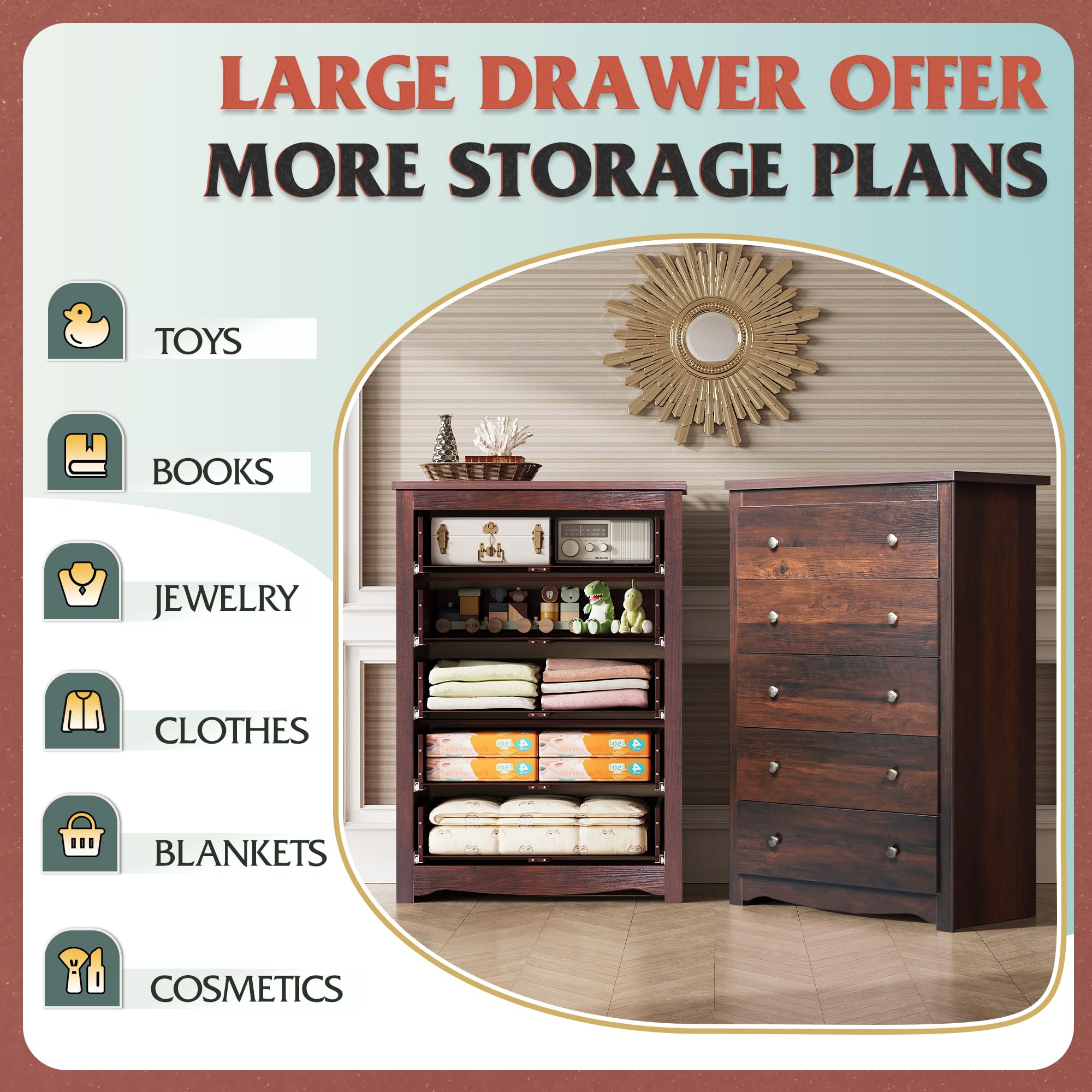 WLIVE 5-Drawer Wooden Dresser for Bedroom - Solid Wood Chest of Drawers with Spacious Storage, 15.7