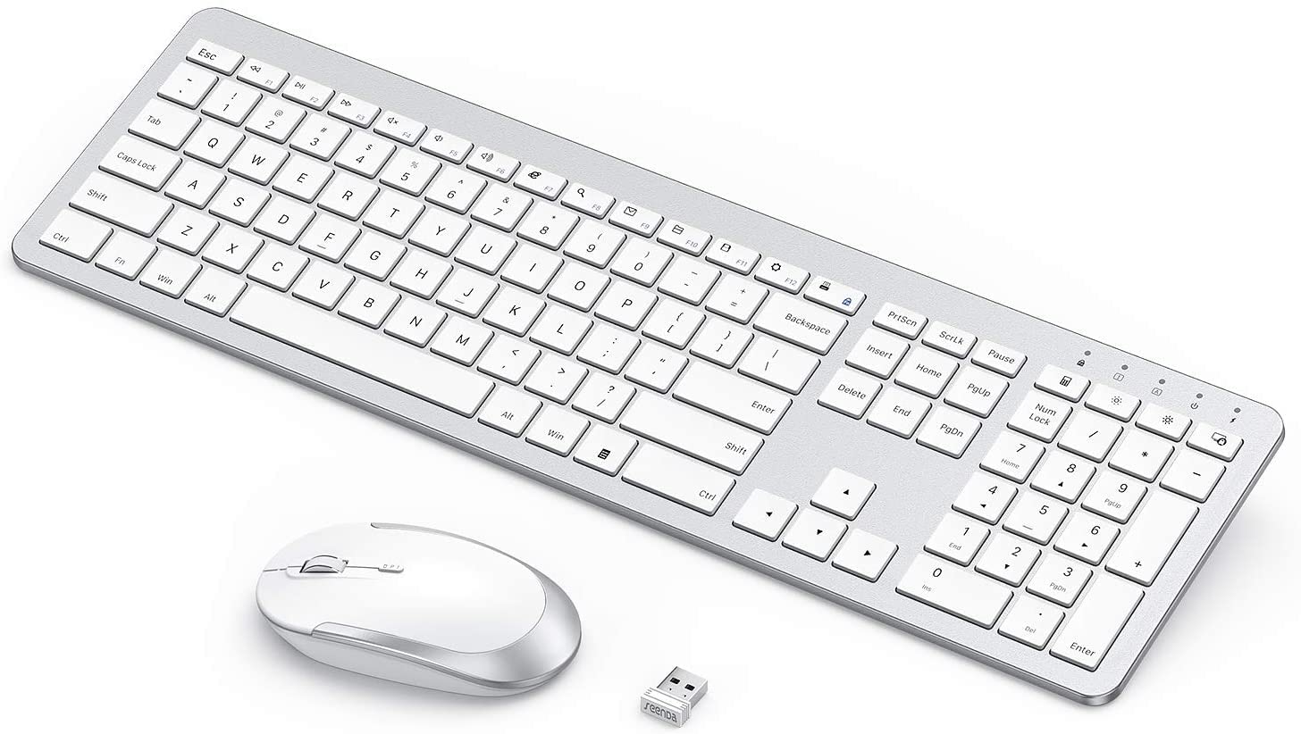 Seenda Rechargeable Wireless Keyboard and Mouse Combo - Full Size Cordless Keyboard with Built-in Lithium Battery, Ultra Thin Quiet Design - Silver & White for Office, Home, Gaming, and Remote Work
